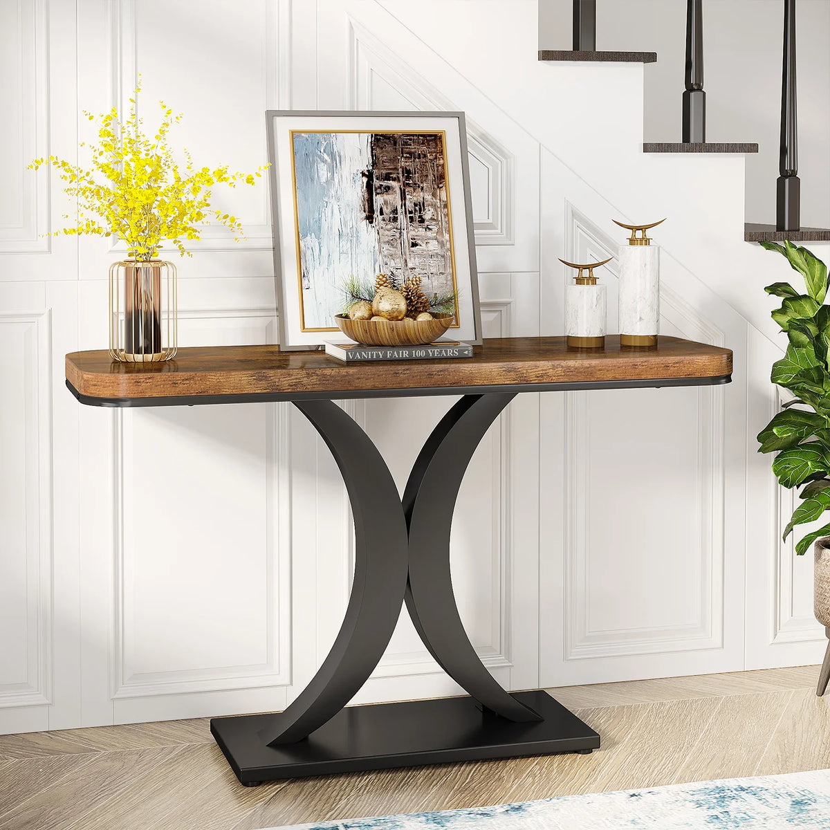 Industrial Console Table, 40 inch Narrow Entryway Foyer Table with Geometric Base