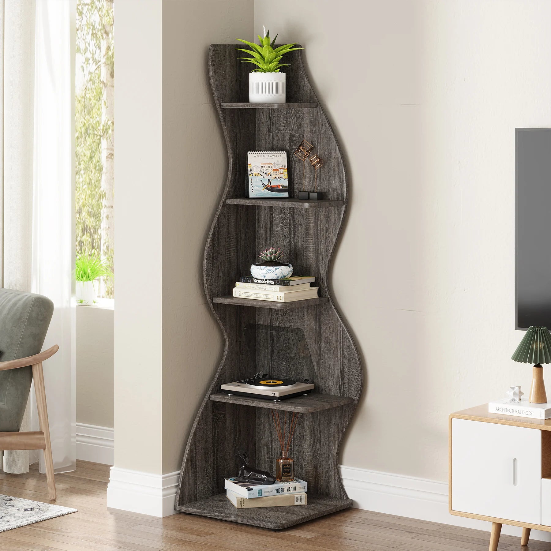 White Wave 5-Tier Corner Bookshelf with Curved Silhouette for Living Room — 65"H Floor Shelf