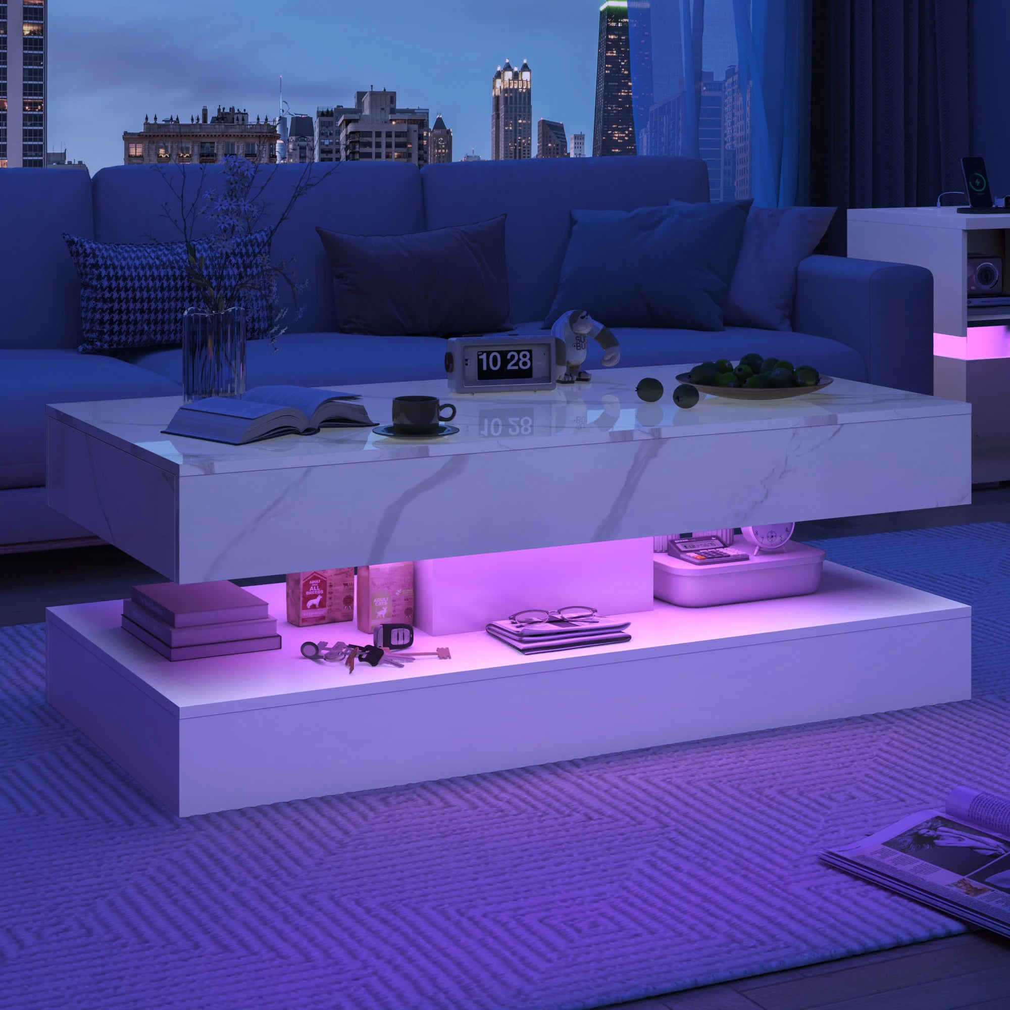 LED Coffee Table with Storage — Modern Faux Marble Coffee Table with Drawers for Living Room