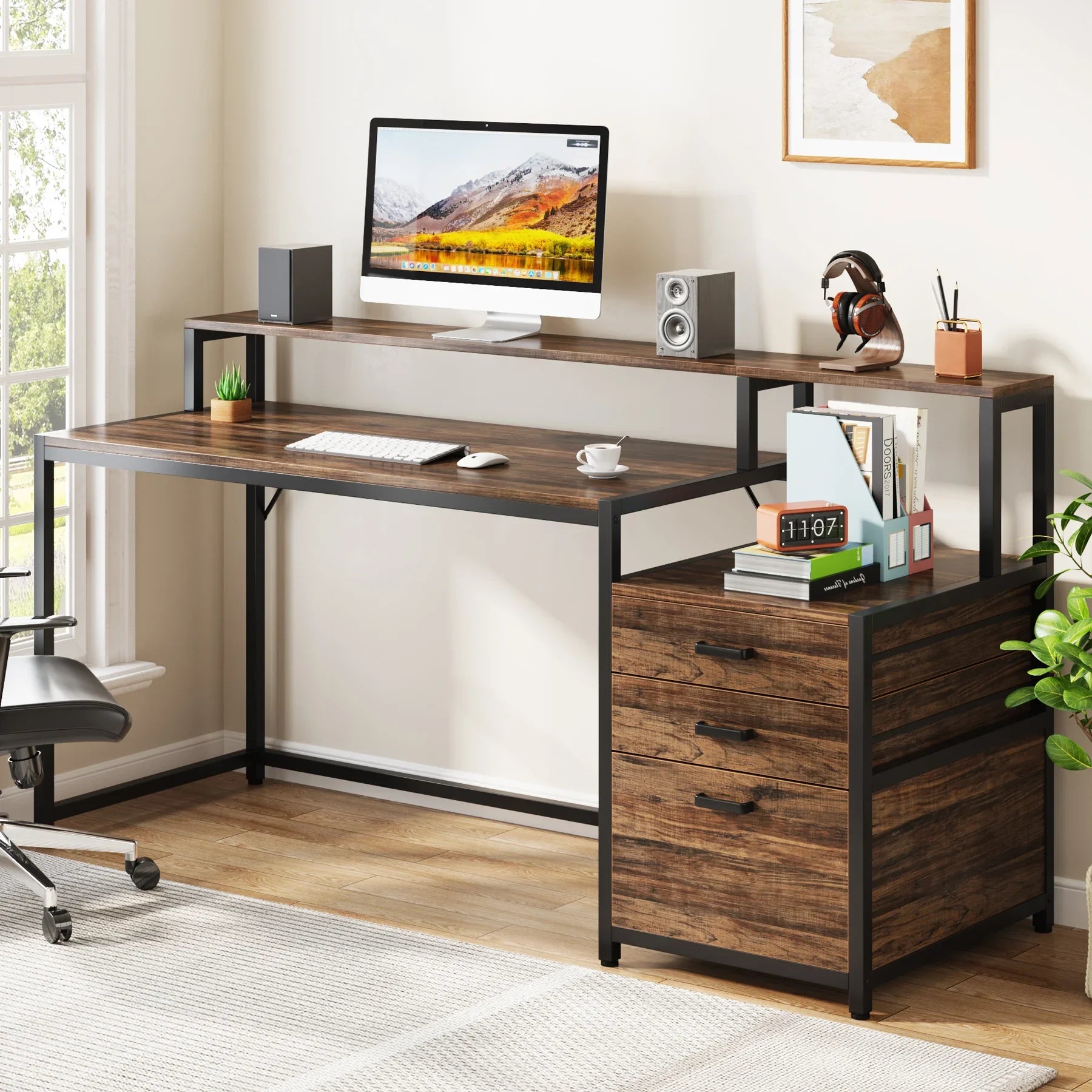 Industrial Computer Desk with File Drawer Cabinet and Monitor Stand for Home Office — 63"