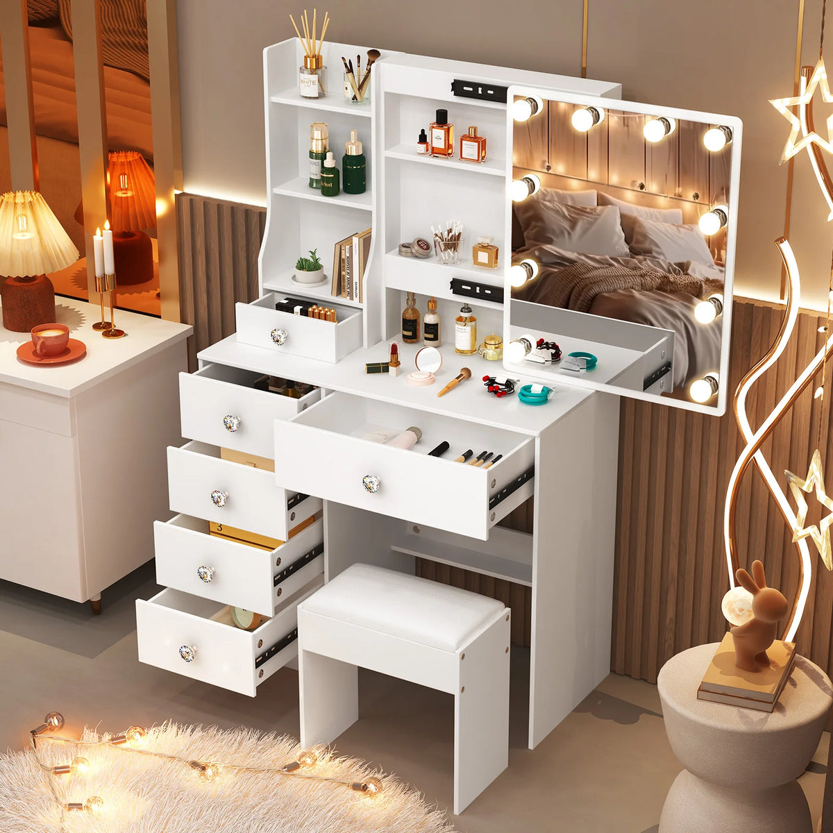 Makeup Vanity, 31.5" White LED Set, Sliding Mirror, 6 Drawers