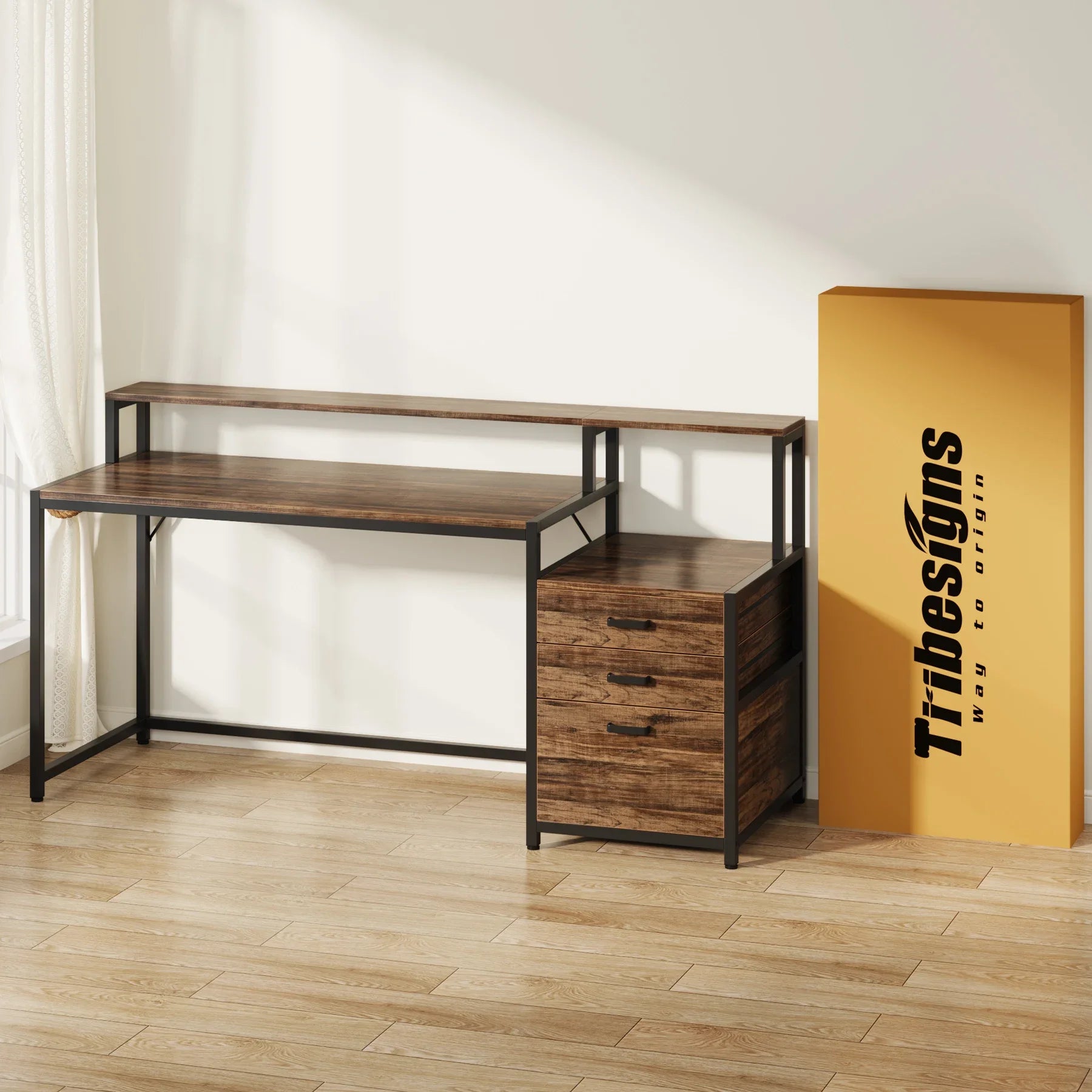Industrial Computer Desk with File Drawer Cabinet and Monitor Stand for Home Office — 63"