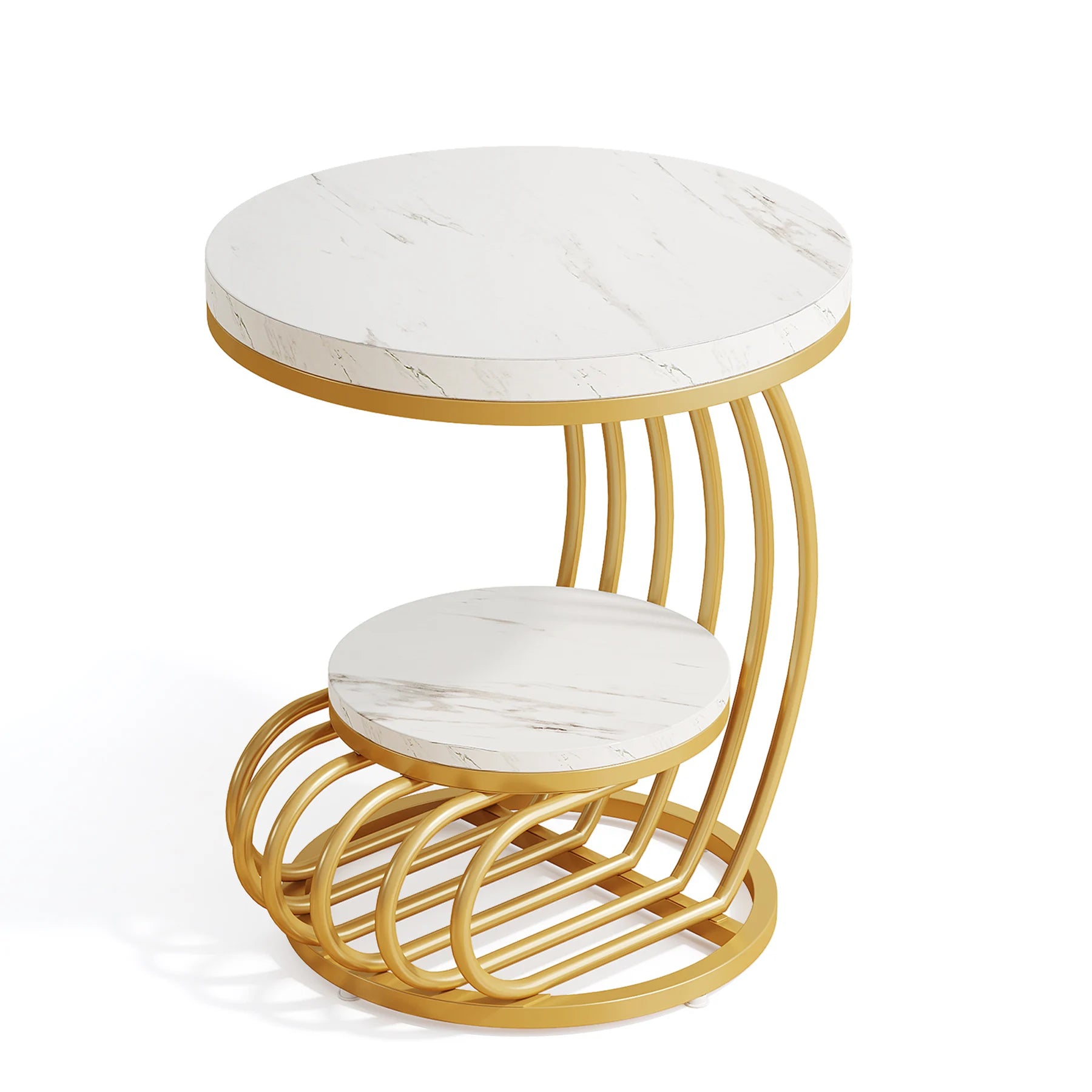 Gold Round Side Table with Faux-Marble Tiers for Living Room — 20-inch Sculptural Accent Table