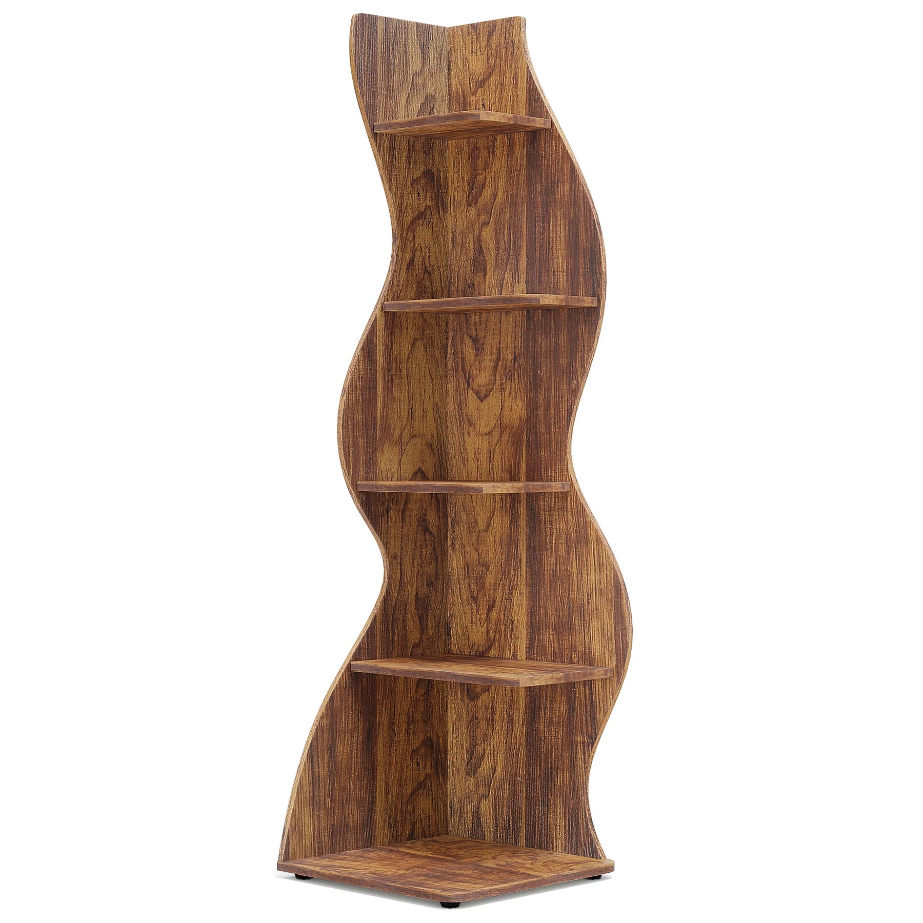 White Wave 5-Tier Corner Bookshelf with Curved Silhouette for Living Room — 65"H Floor Shelf