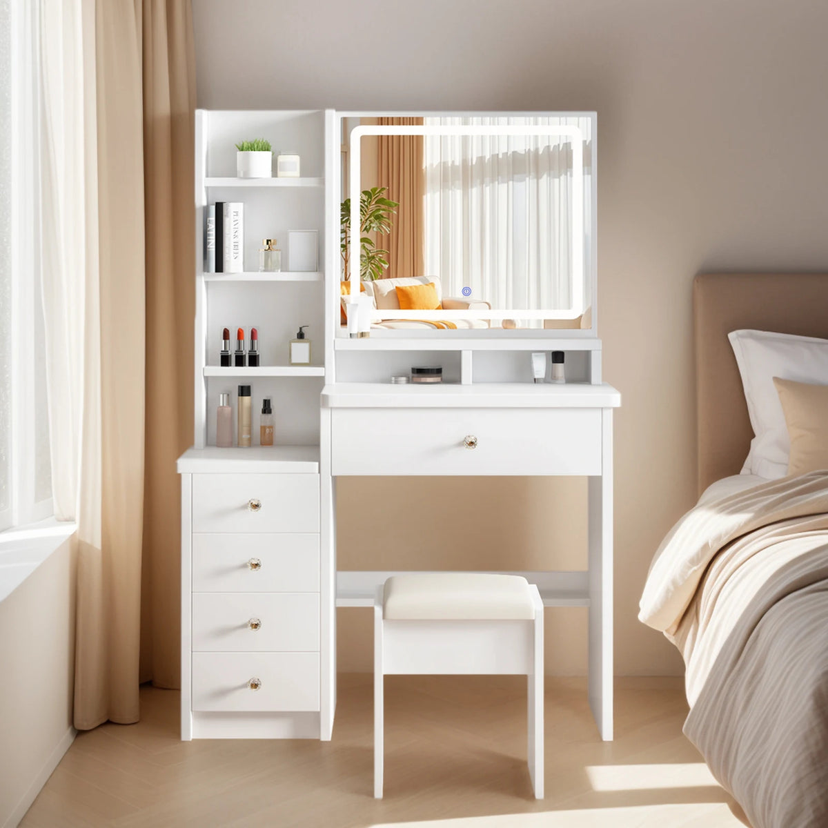 Vanity Desk Makeup Vanity Desk with Mirror and Lights, Stool and Open Shelves