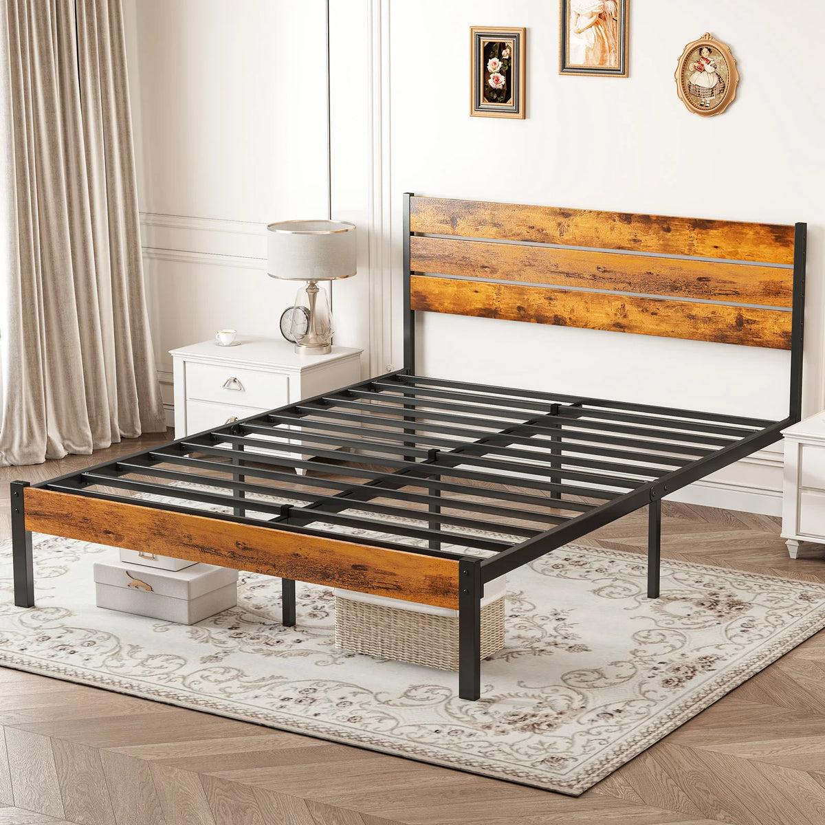 Wooden Headboard and Metal Platform Bed Frame No Box Spring Needed with 700LBS Sturdy