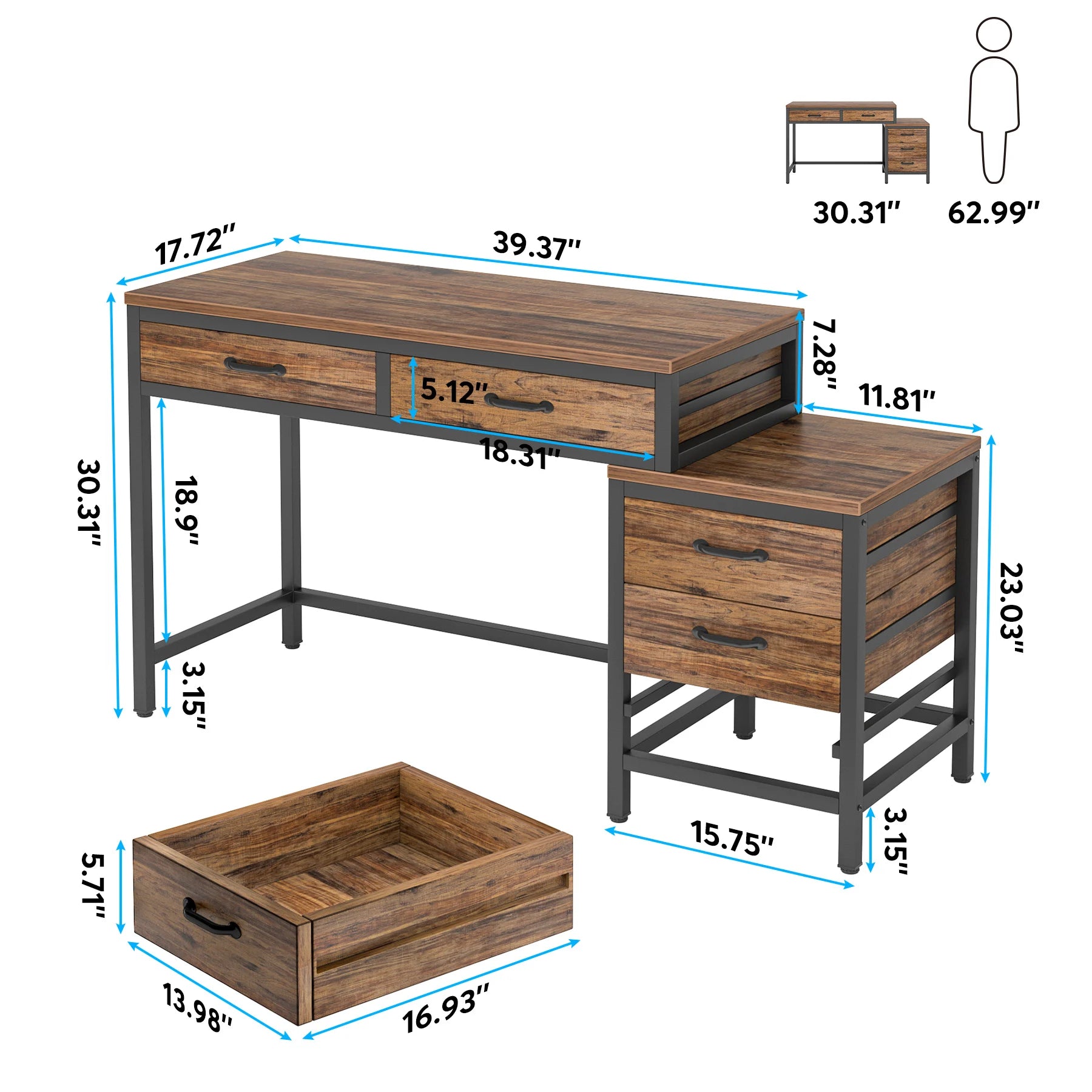 Industrial Computer Desk with 3 Drawers for Home Office — 59in Writing Table