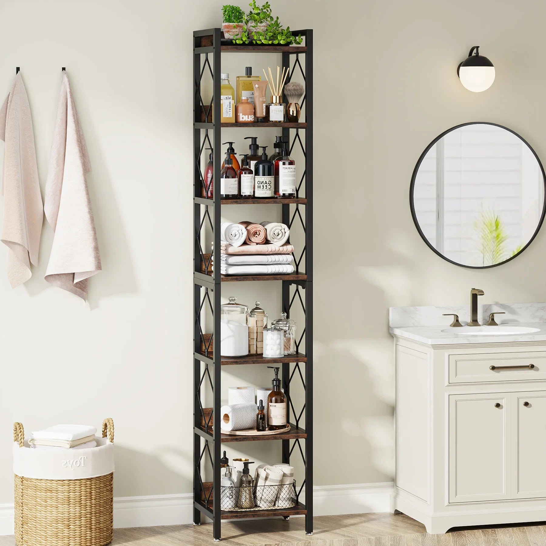 Industrial Narrow Bookshelf with 7 Tiers for Small Spaces — 78.7in Tall