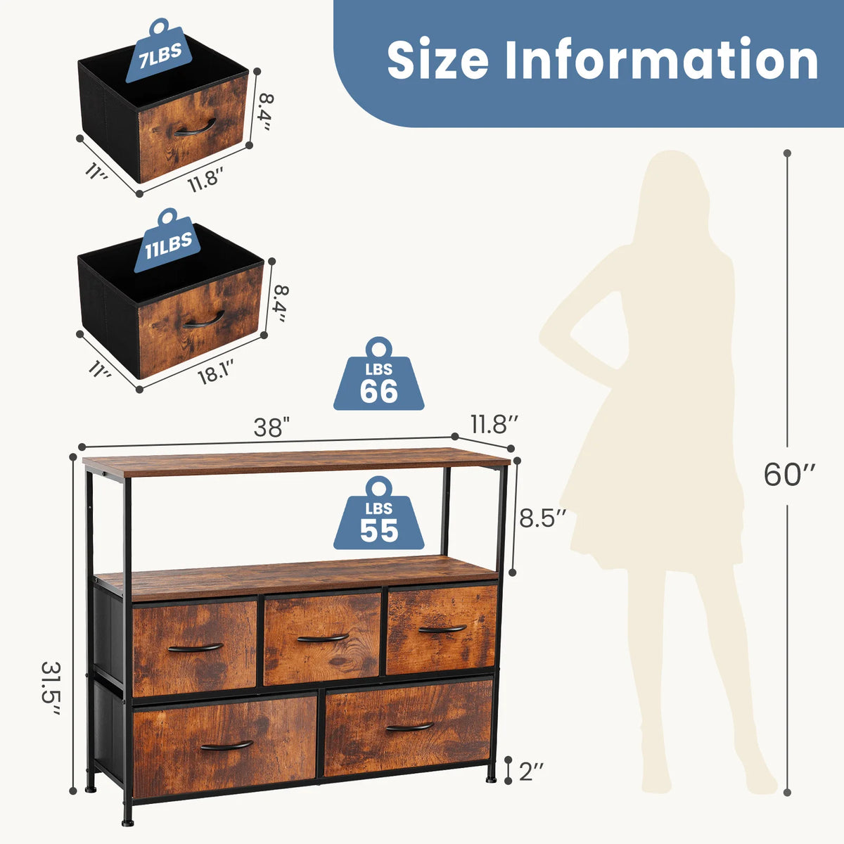Fireplace TV Stand Dresser For Bedroom With 5 Fabric Drawers Storage Closet Chest