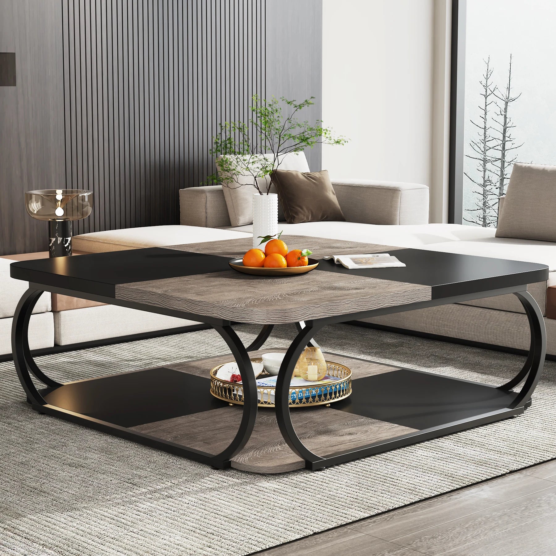 Two-Tone Wood Coffee Table with Storage Shelf for Living Room — 40in Square, Curved Metal Frame