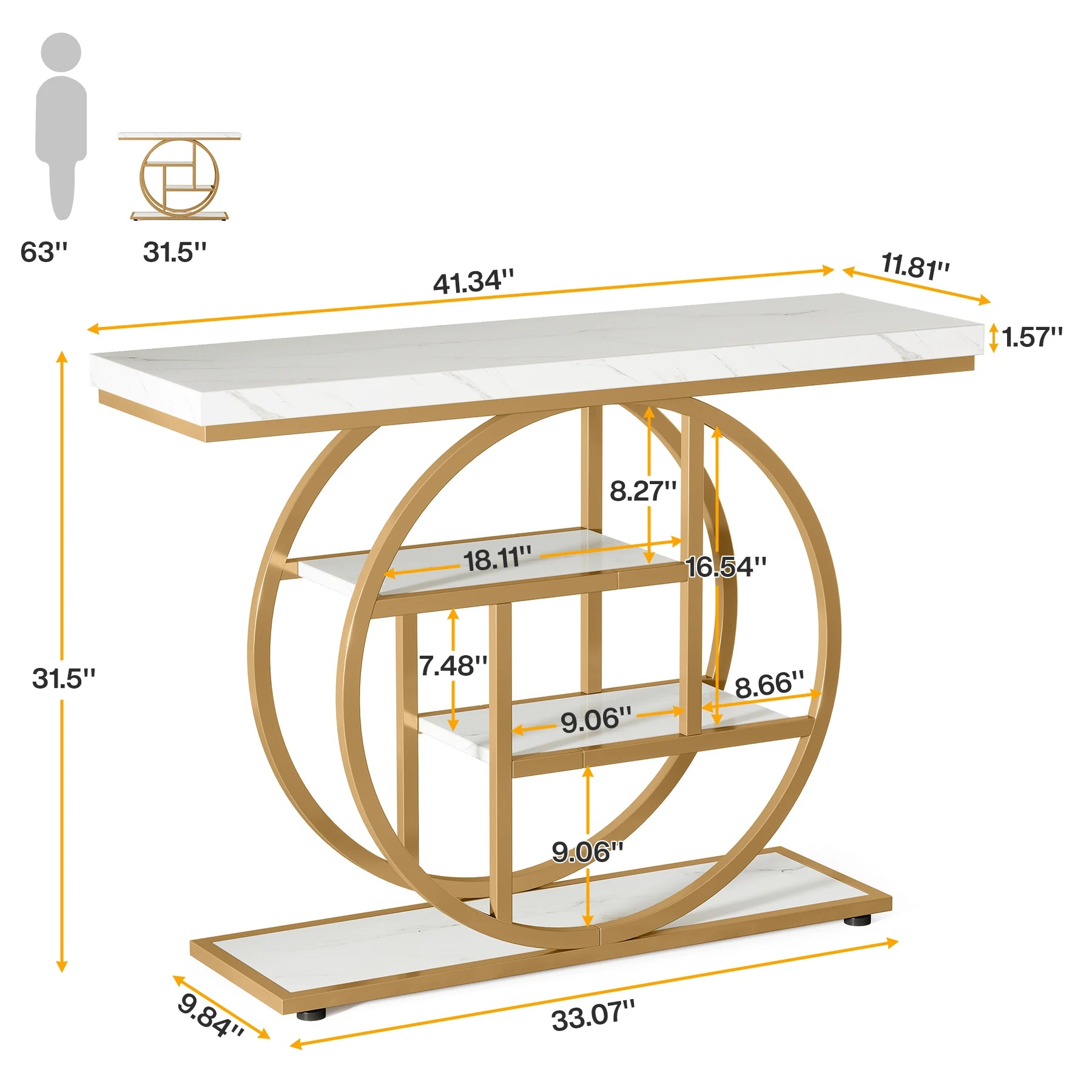 Faux Marble Gold Console Table with Storage Shelves for Entryway — 70" Behind-Sofa