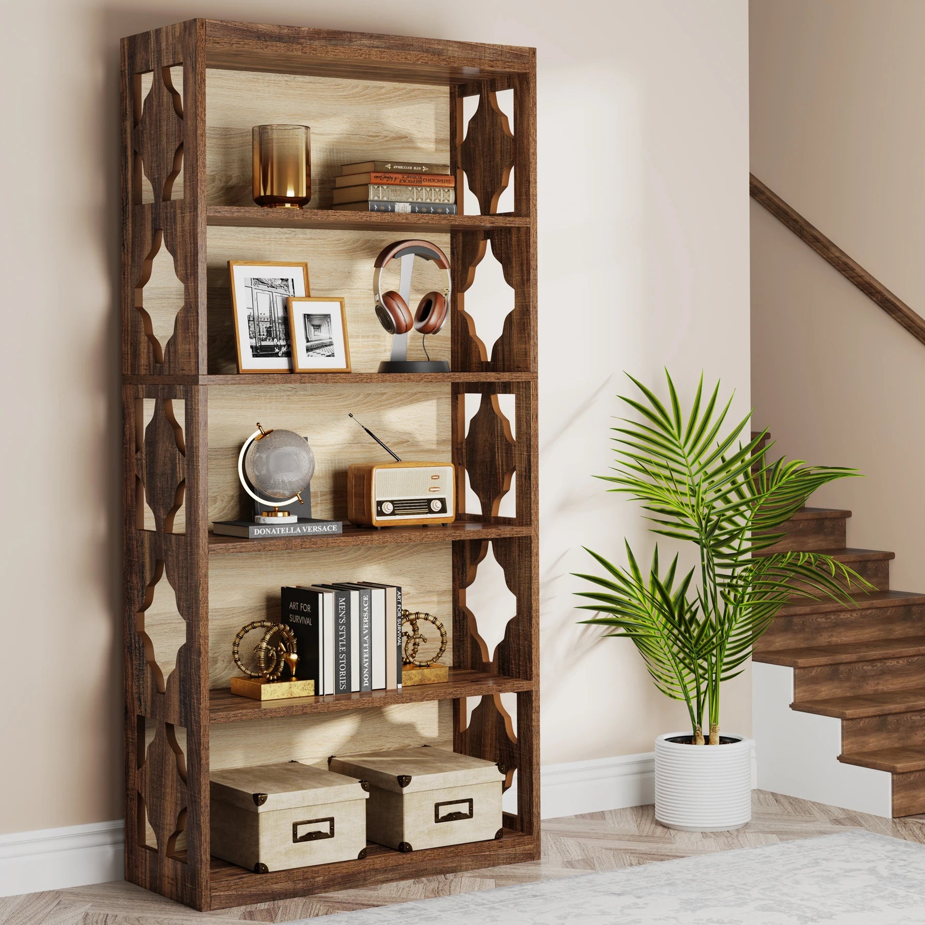 Industrial 6-Tier Bookcase with X-Frame for Living Room — 71in Tall Open Bookshelf