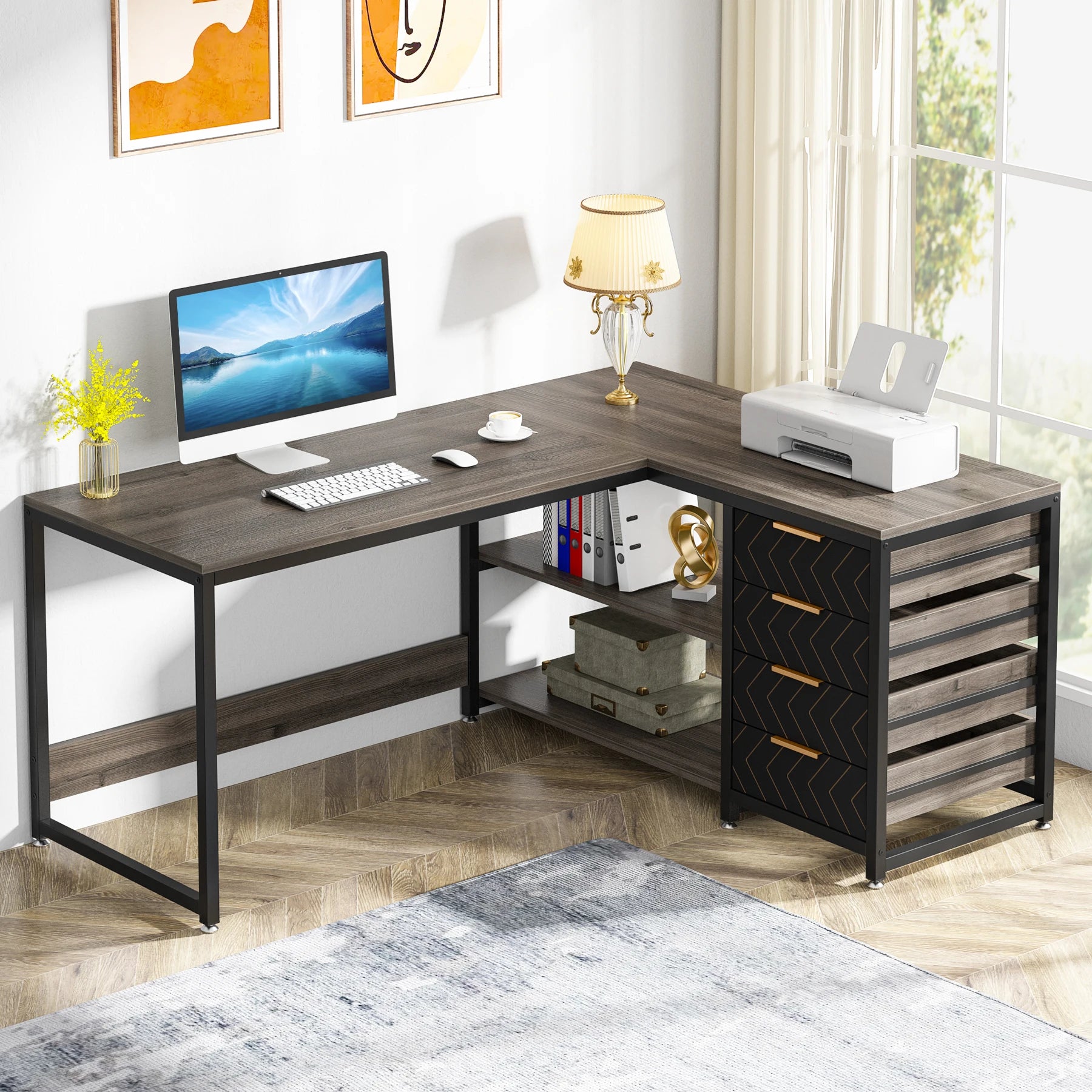 Rustic Wood L-Shaped Desk with Storage Drawers and Shelves for Home Office — 59in Reversible Corner Desk