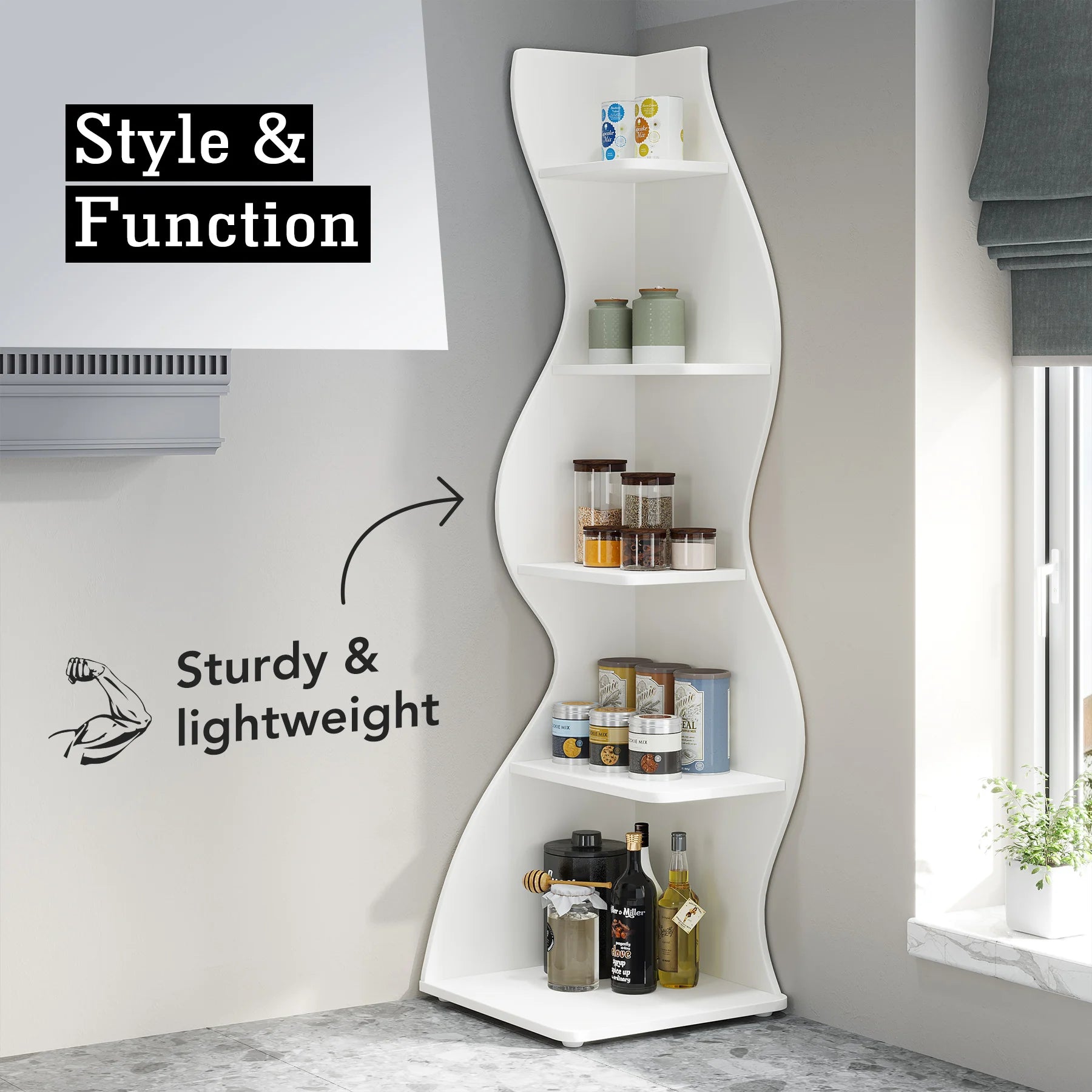 White Wave 5-Tier Corner Bookshelf with Curved Silhouette for Living Room — 65"H Floor Shelf
