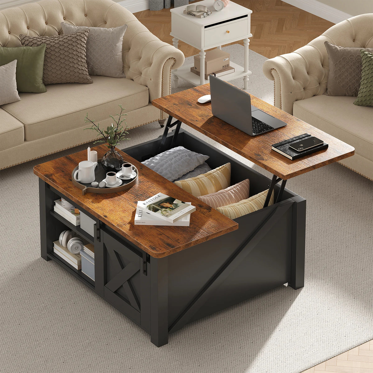 31.5IN Wood Lift Top Coffee Tables Square Living Room Adjustable Storage Shelf Easy