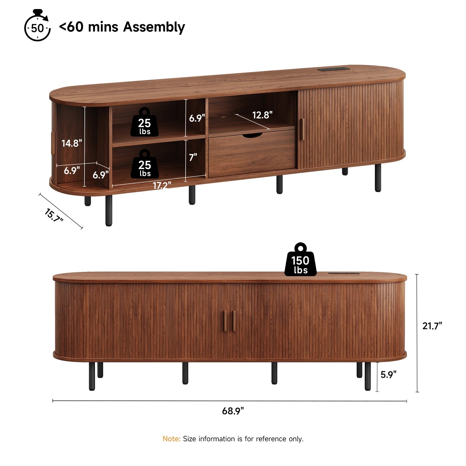Mid-Century TV Stand for 80" TV — Fluted Walnut Media Console with Storage & Sliding Doors