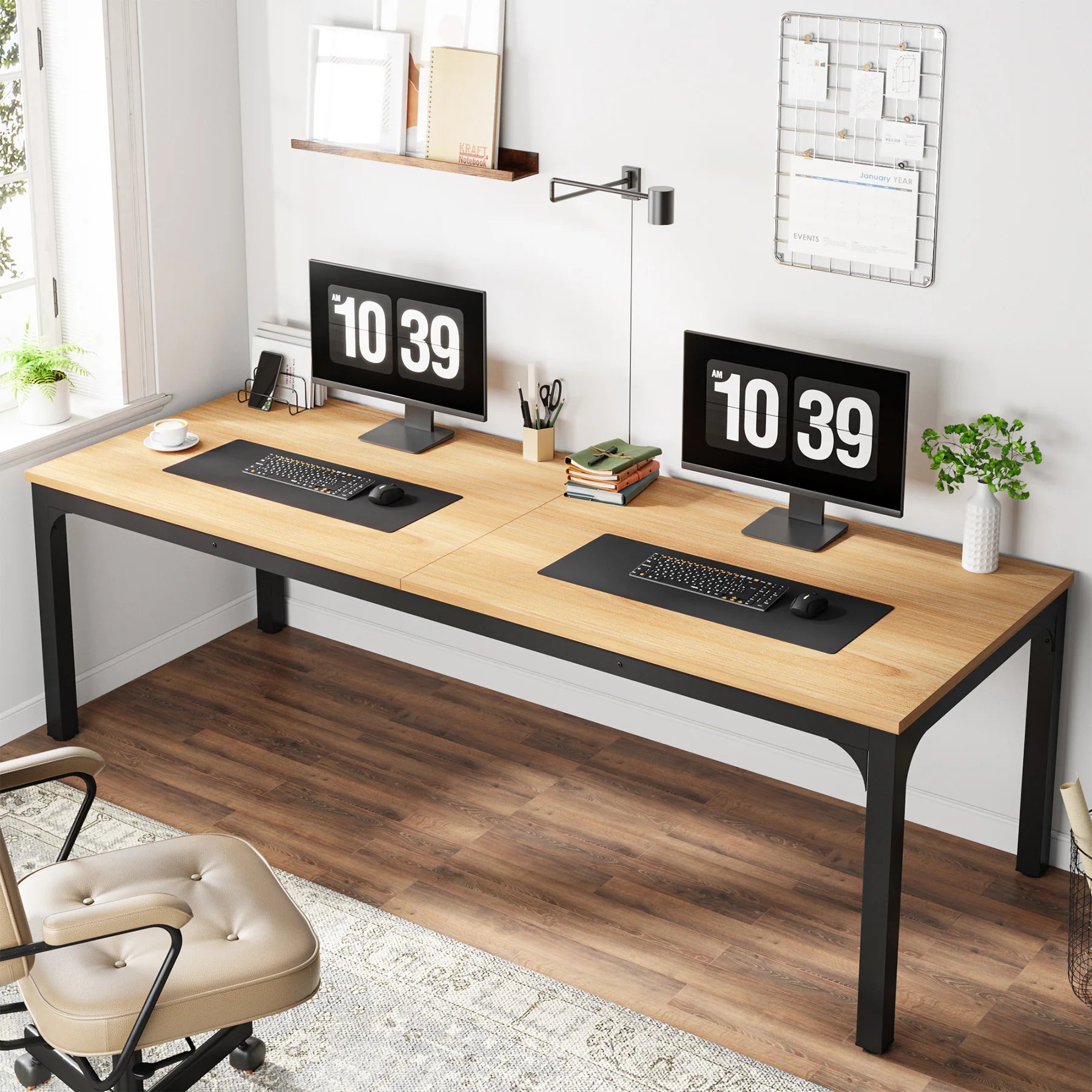 Industrial Wood Computer Desk with Steel Frame for Two-Person Home Office — 78.7"