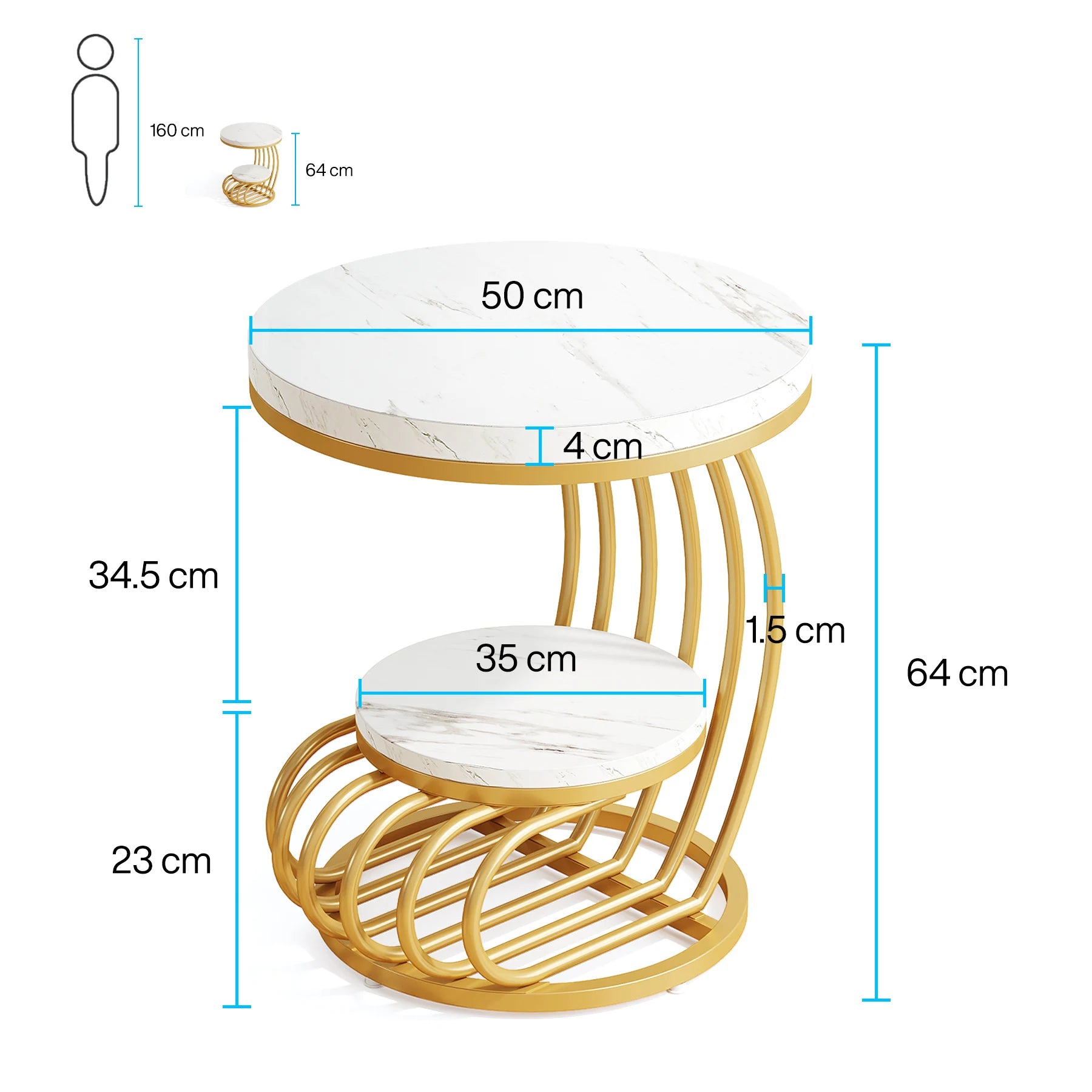 Gold Round Side Table with Faux-Marble Tiers for Living Room — 20-inch Sculptural Accent Table