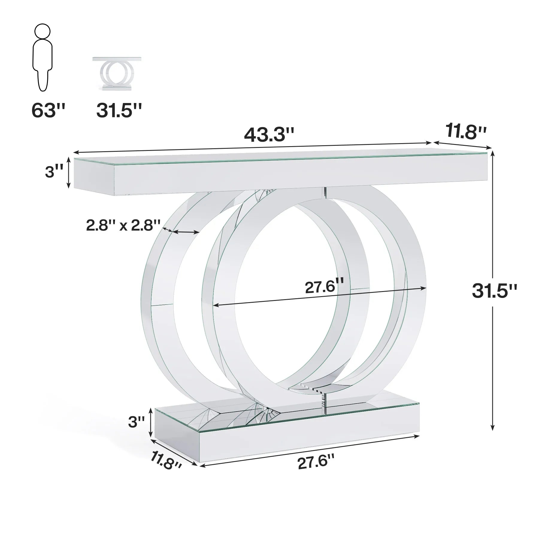 Mirrored Console Table with Crystal Sparkle Finish for Entryway — 43" Wide