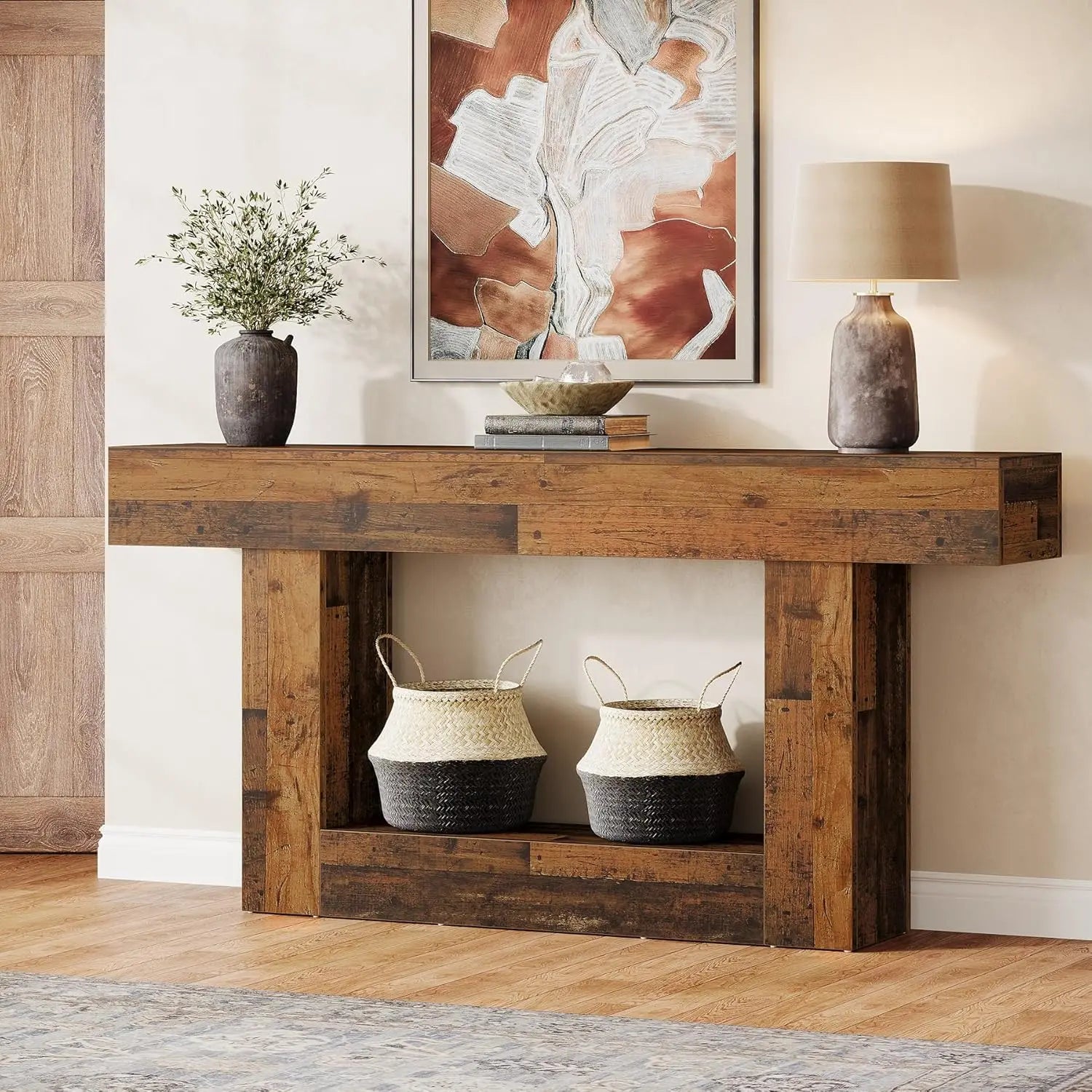 Two-Tone Farmhouse Console Table with Lower Shelf for Entryway — 63"