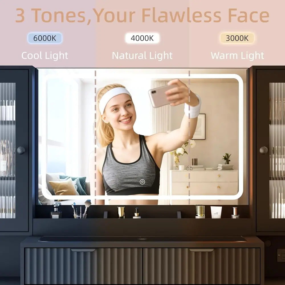 LED Makeup Vanity Desk with Mirror & Charging Station — 8 Drawers, Glass Cabinets, Matte Black