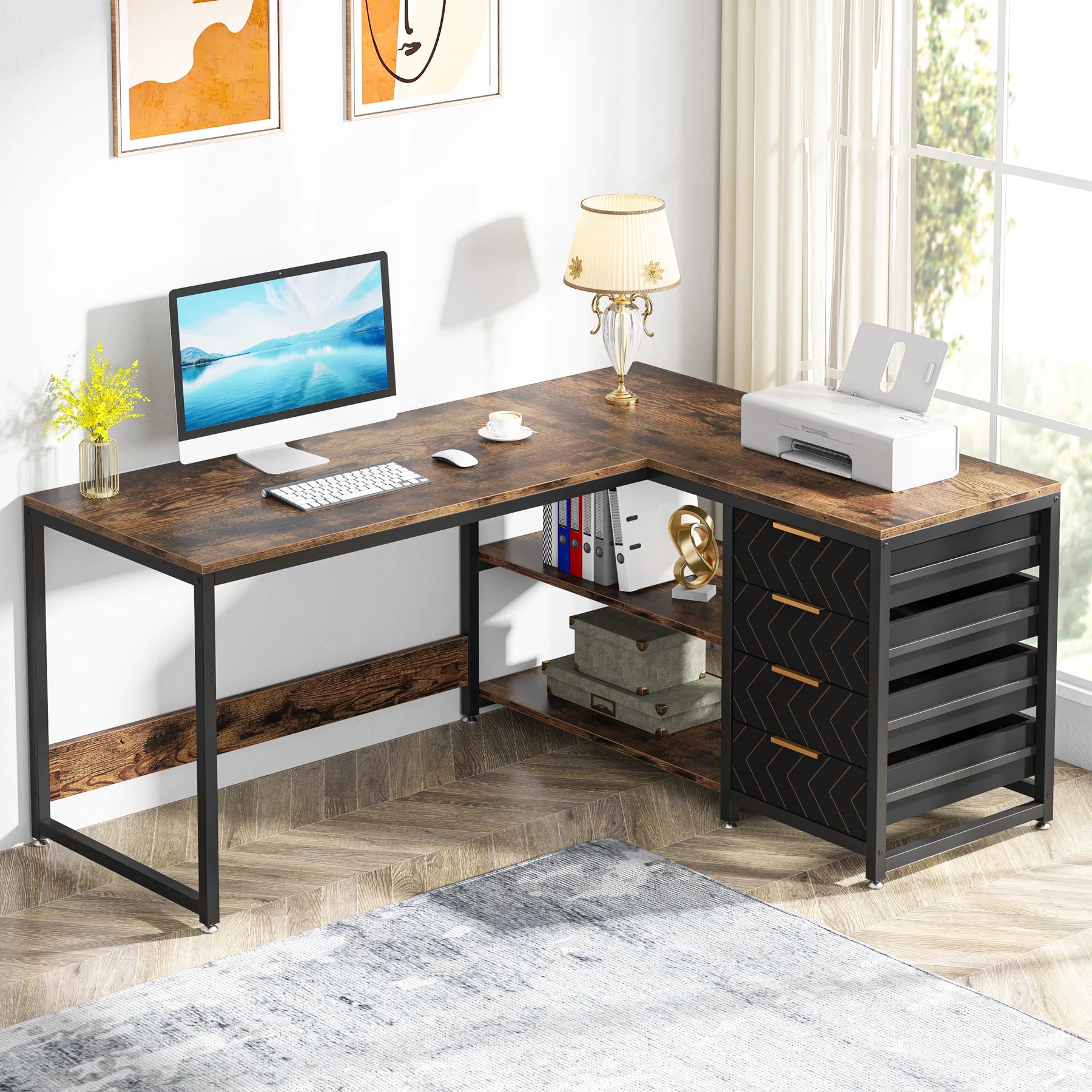 Rustic Wood L-Shaped Desk with Storage Drawers and Shelves for Home Office — 59in Reversible Corner Desk