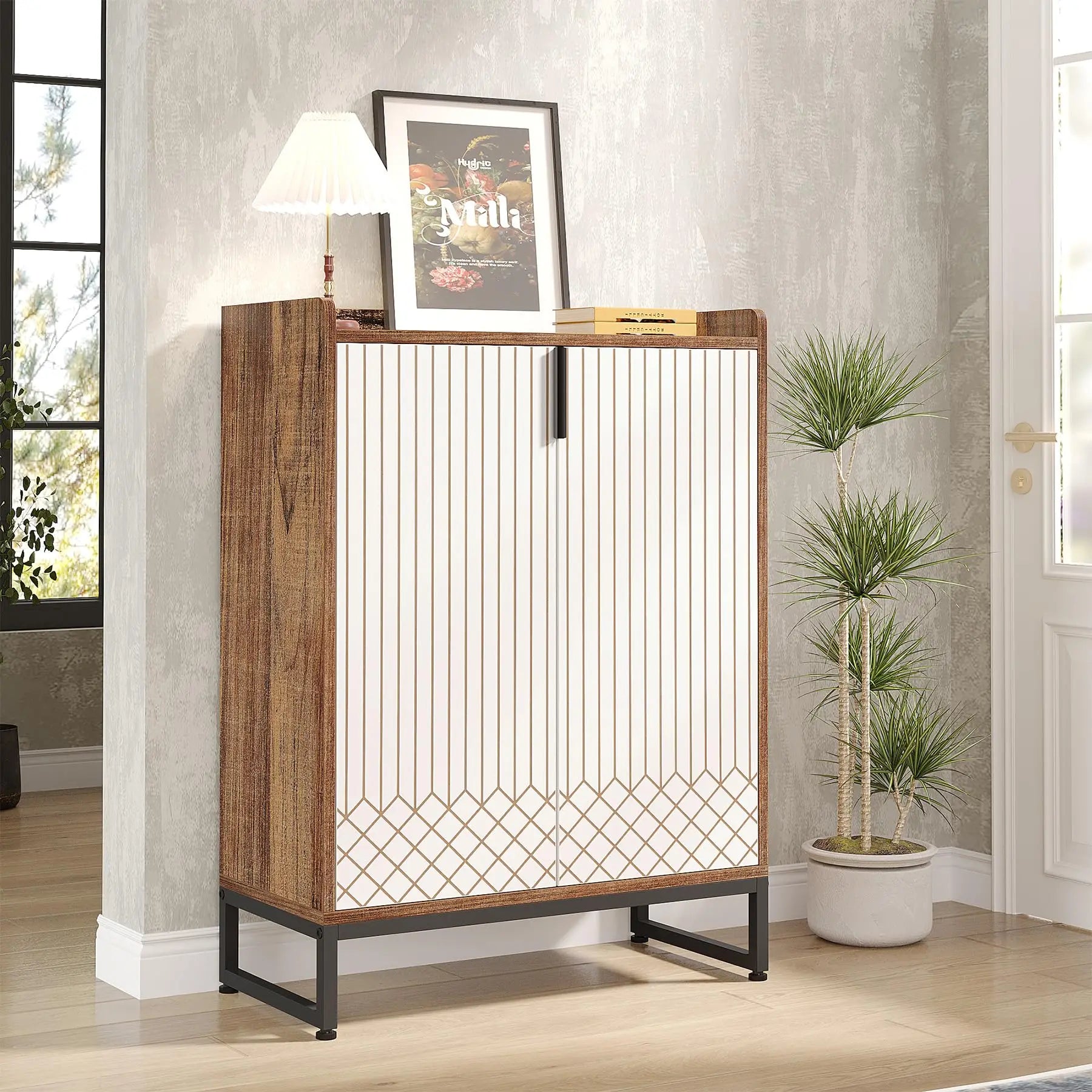 White Gold-Accent Shoe Cabinet with Doors for Entryway — 5-Tier Storage
