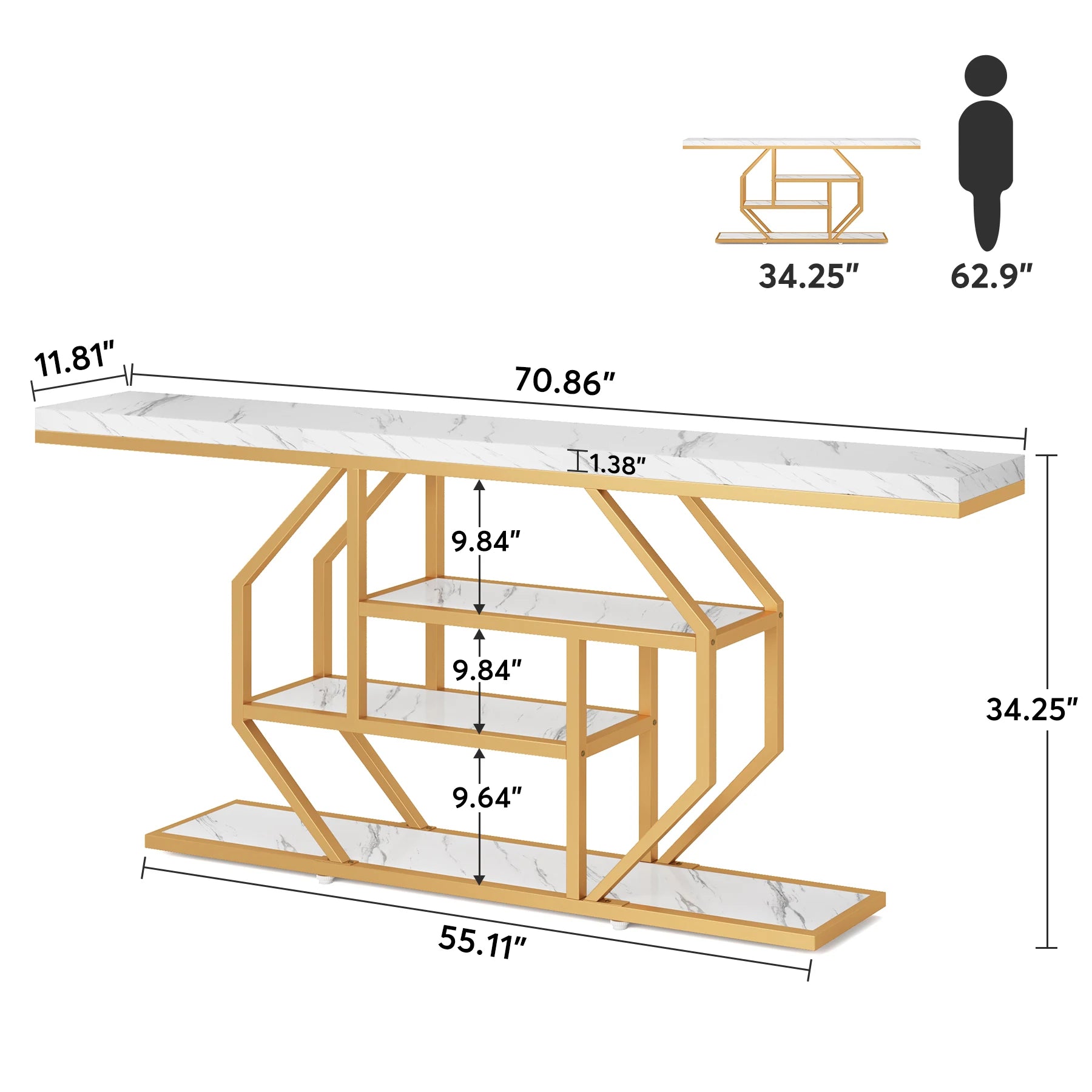 Faux Marble Gold Console Table with Storage Shelves for Entryway — 70" Behind-Sofa