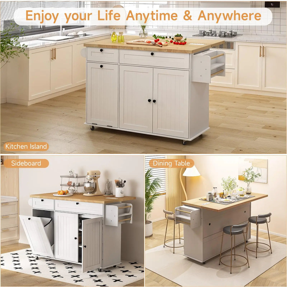 Rolling Kitchen Island, 60" Drop Leaf Cart with Power Outlet