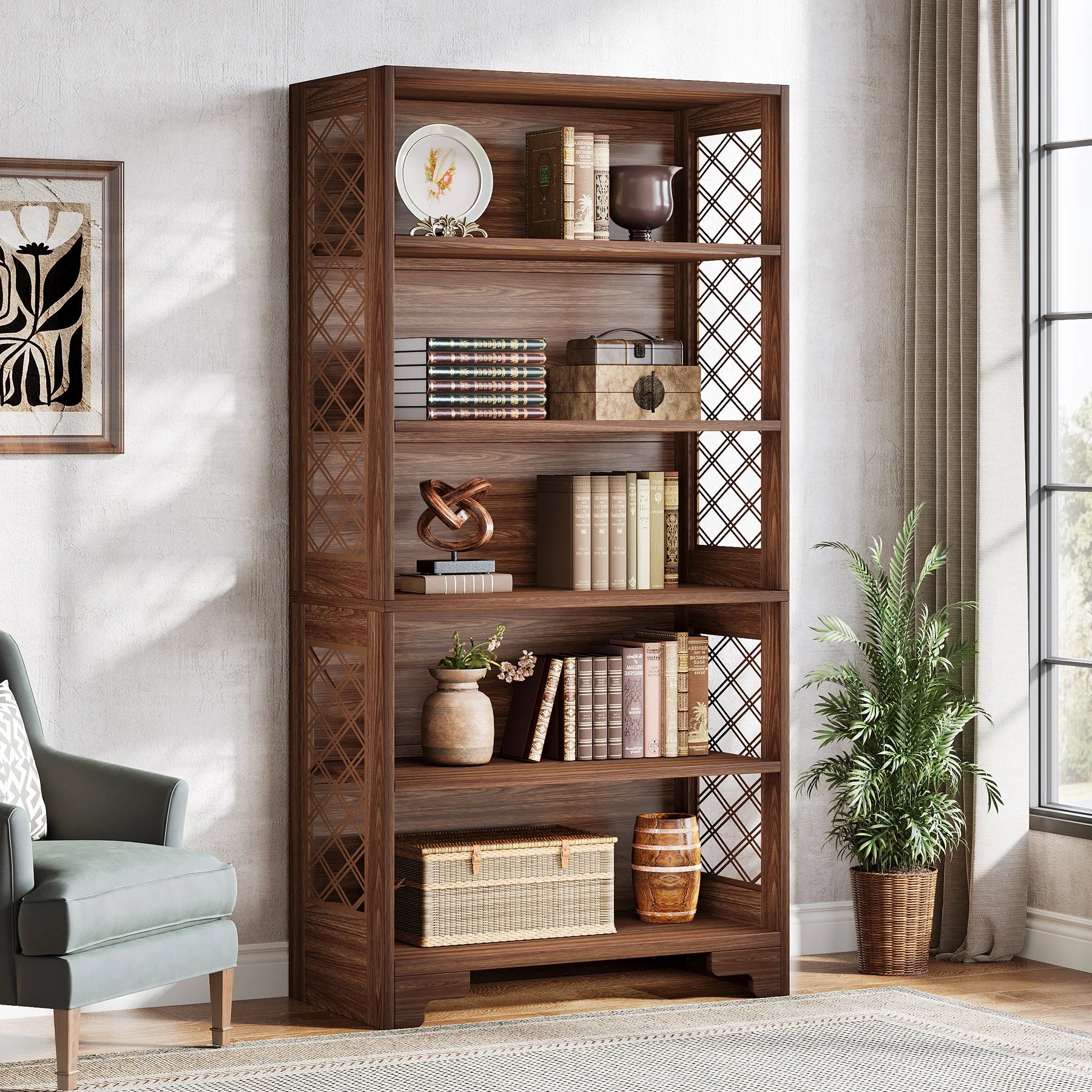 Industrial 6-Tier Bookcase with X-Frame for Living Room — 71in Tall Open Bookshelf