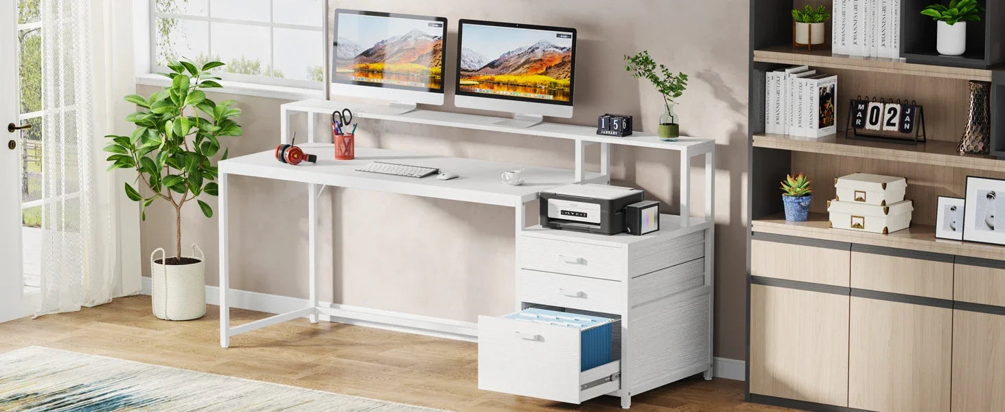 Industrial Computer Desk with File Drawer Cabinet and Monitor Stand for Home Office — 63"
