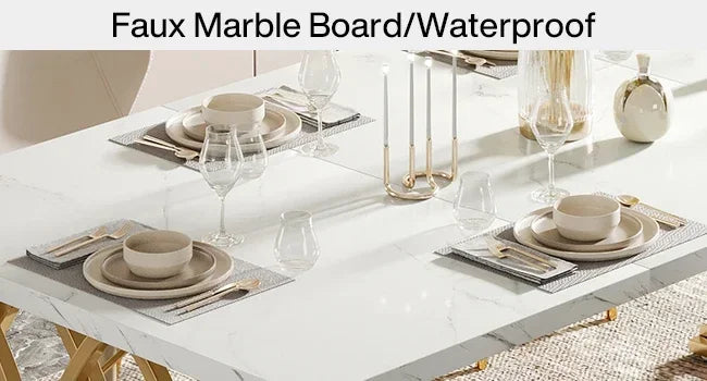 Faux Marble Dining Table with Gold Base for 4-6 People — 63"