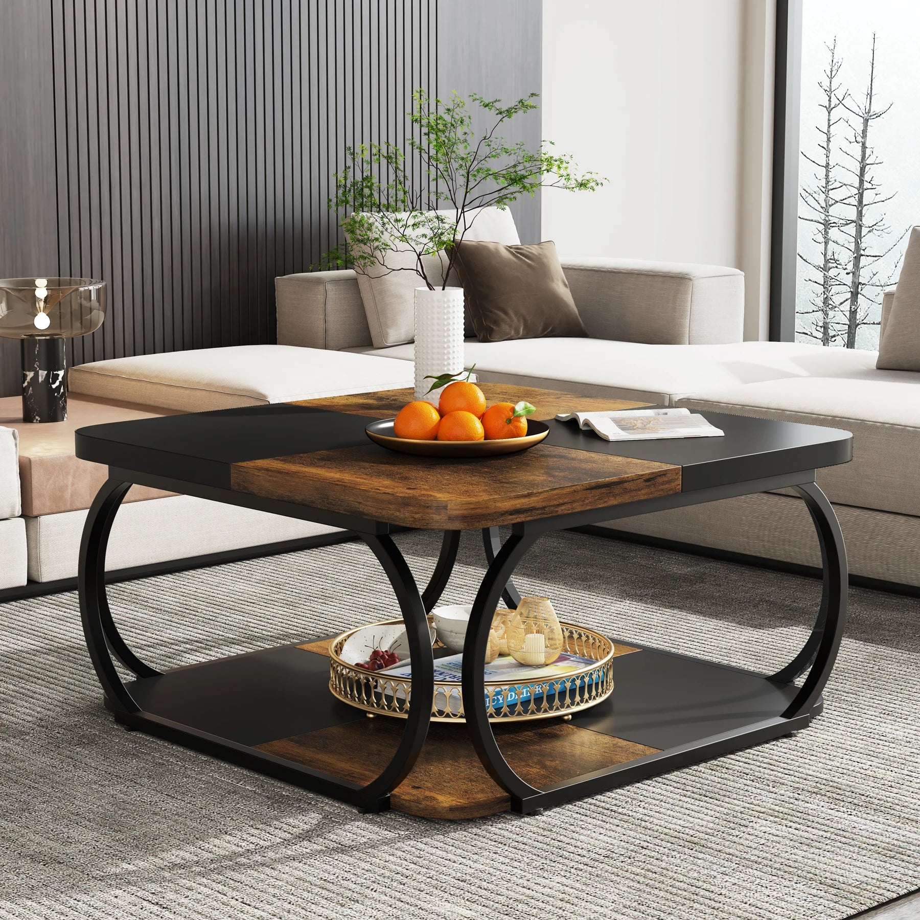Two-Tone Wood Coffee Table with Storage Shelf for Living Room — 40in Square, Curved Metal Frame