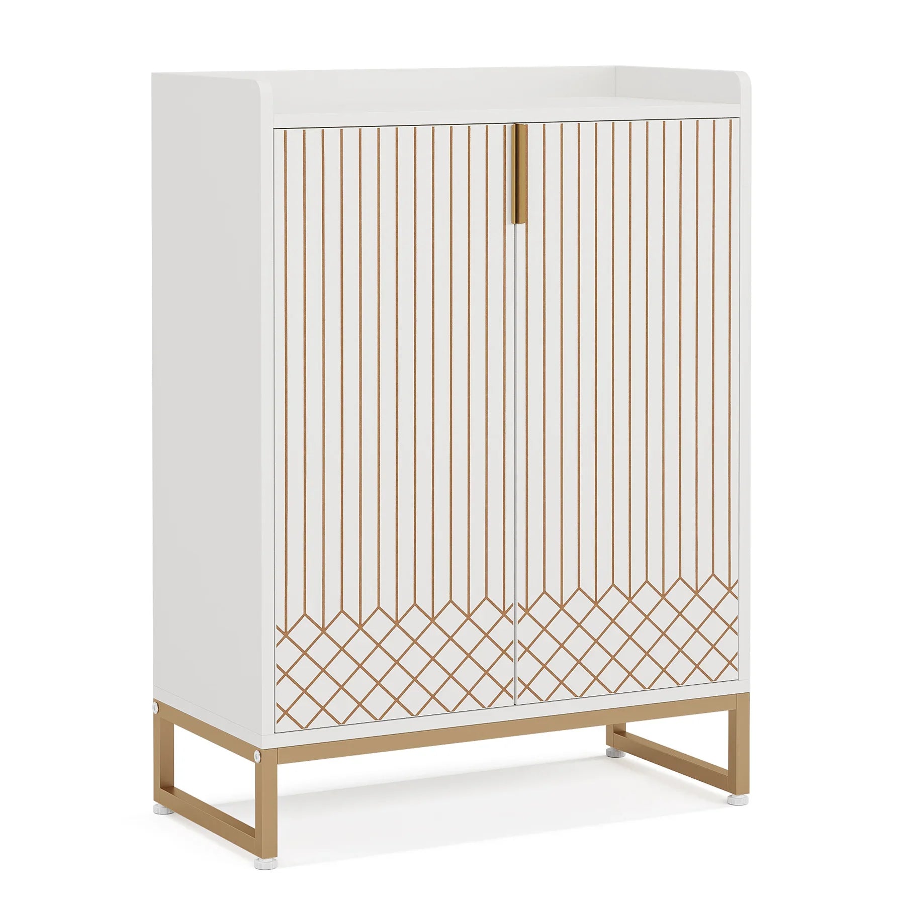 White Gold-Accent Shoe Cabinet with Doors for Entryway — 5-Tier Storage