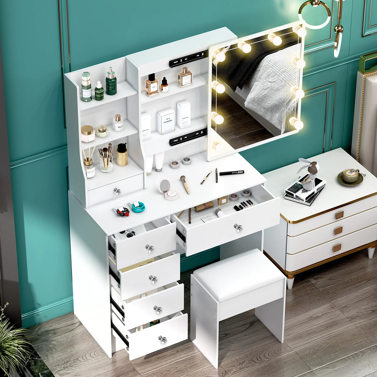 White LED Makeup Vanity Set with Sliding Mirror, 3-Color Dimmable Lights, 10.6" x 10" x 2.6"