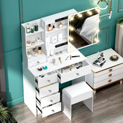 Makeup Vanity, 31.5" White LED Set, Sliding Mirror, 6 Drawers