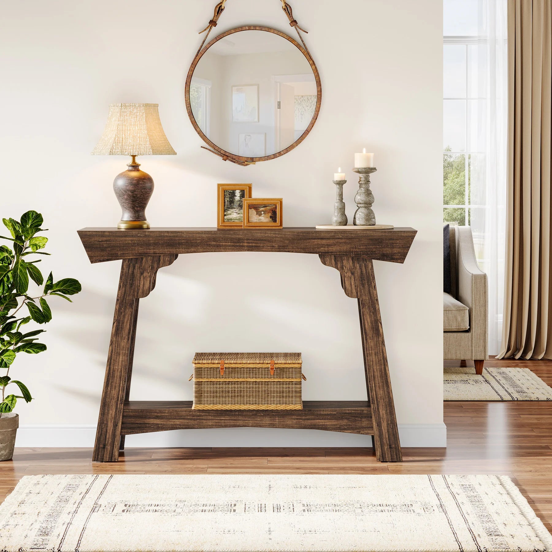 Rustic Wood Console Table with Storage Shelf for Entryway — 41" Narrow