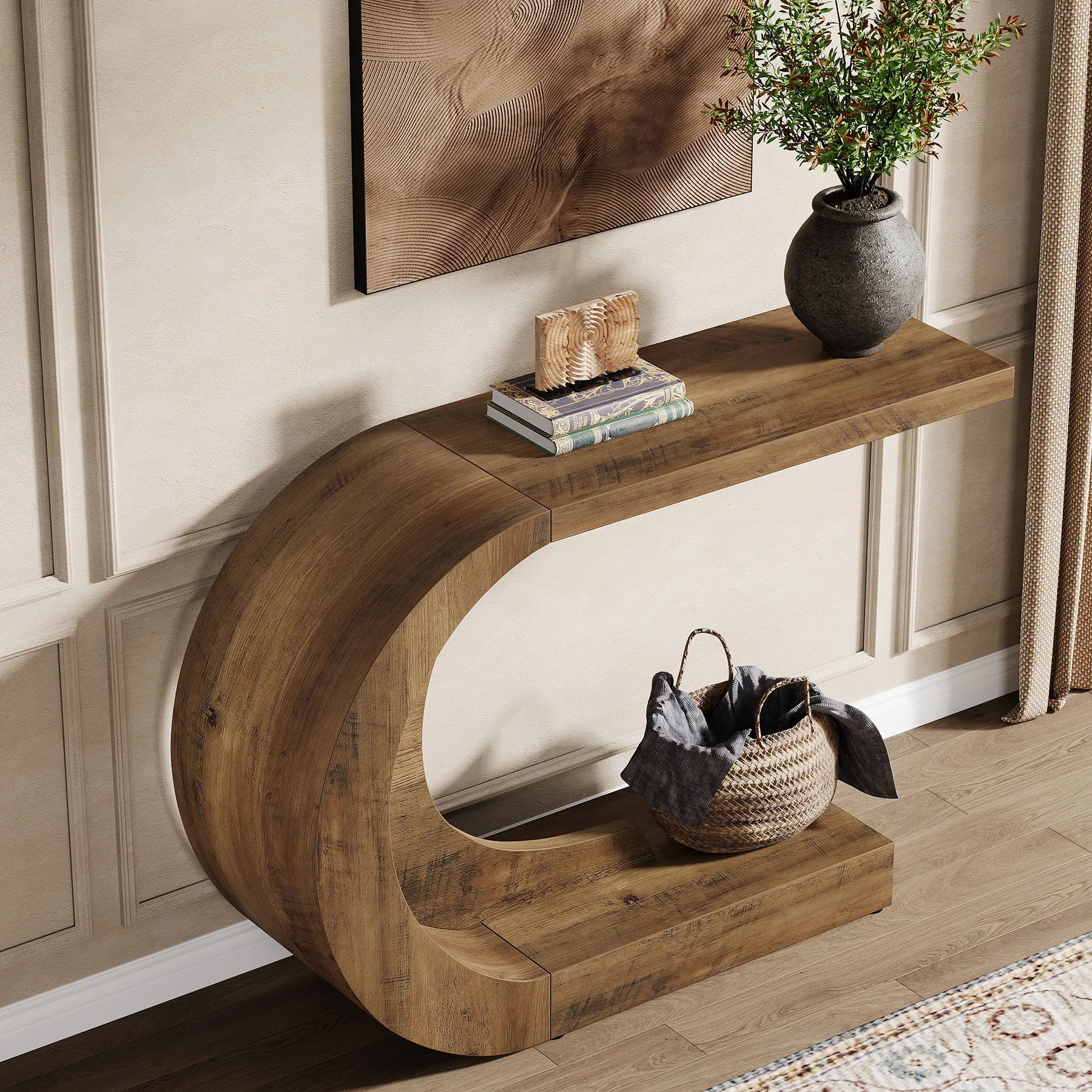 Curved Wood Console Table with Sculptural C-Base for Entryway — 43" Wide
