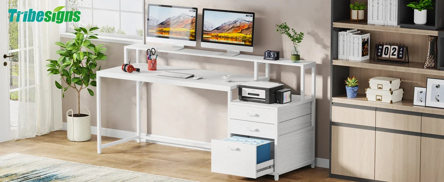 Industrial Computer Desk with File Drawer Cabinet and Monitor Stand for Home Office — 63"