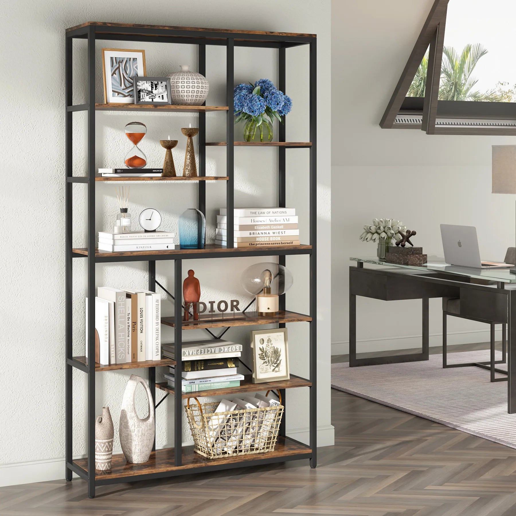 Industrial Bookcase with Open Shelves for Living Room — 79in 9-Tier Etagere