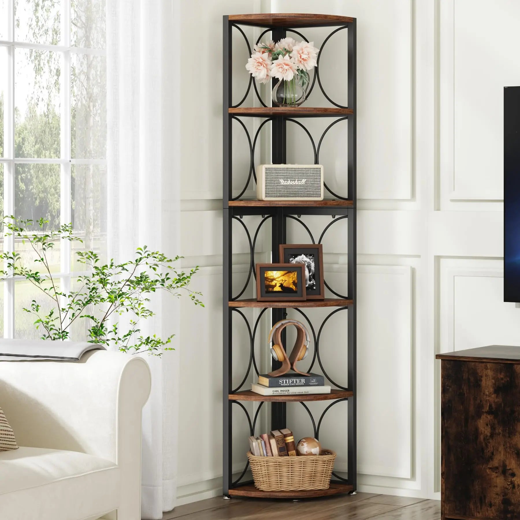 Rustic Corner Shelf with 6 Open Tiers for Living Room — 67in Tall