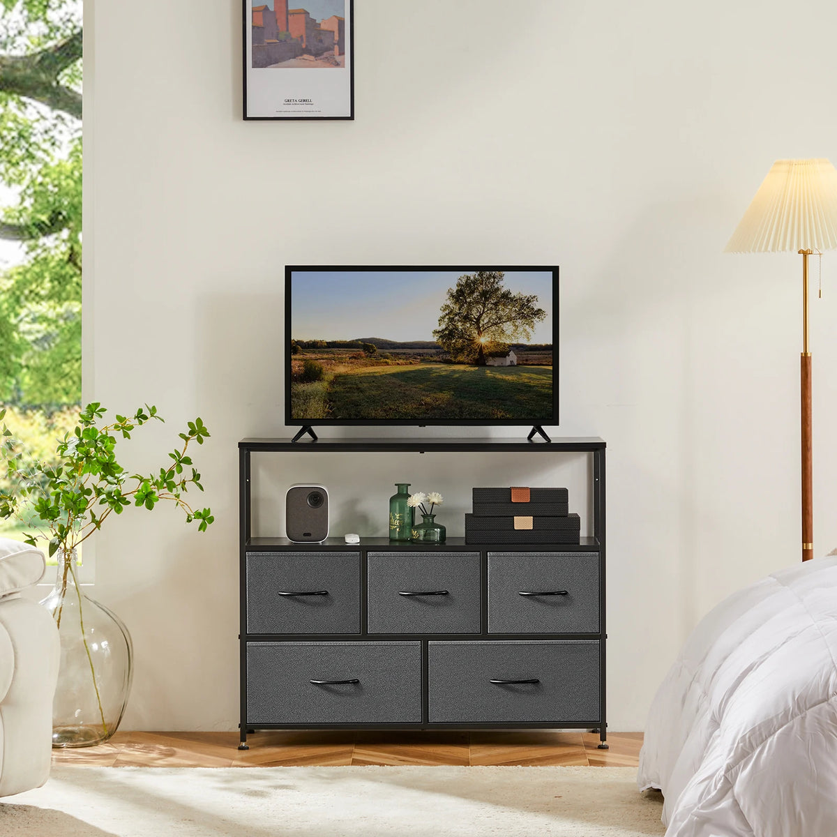 Fireplace TV Stand Dresser For Bedroom With 5 Fabric Drawers Storage Closet Chest