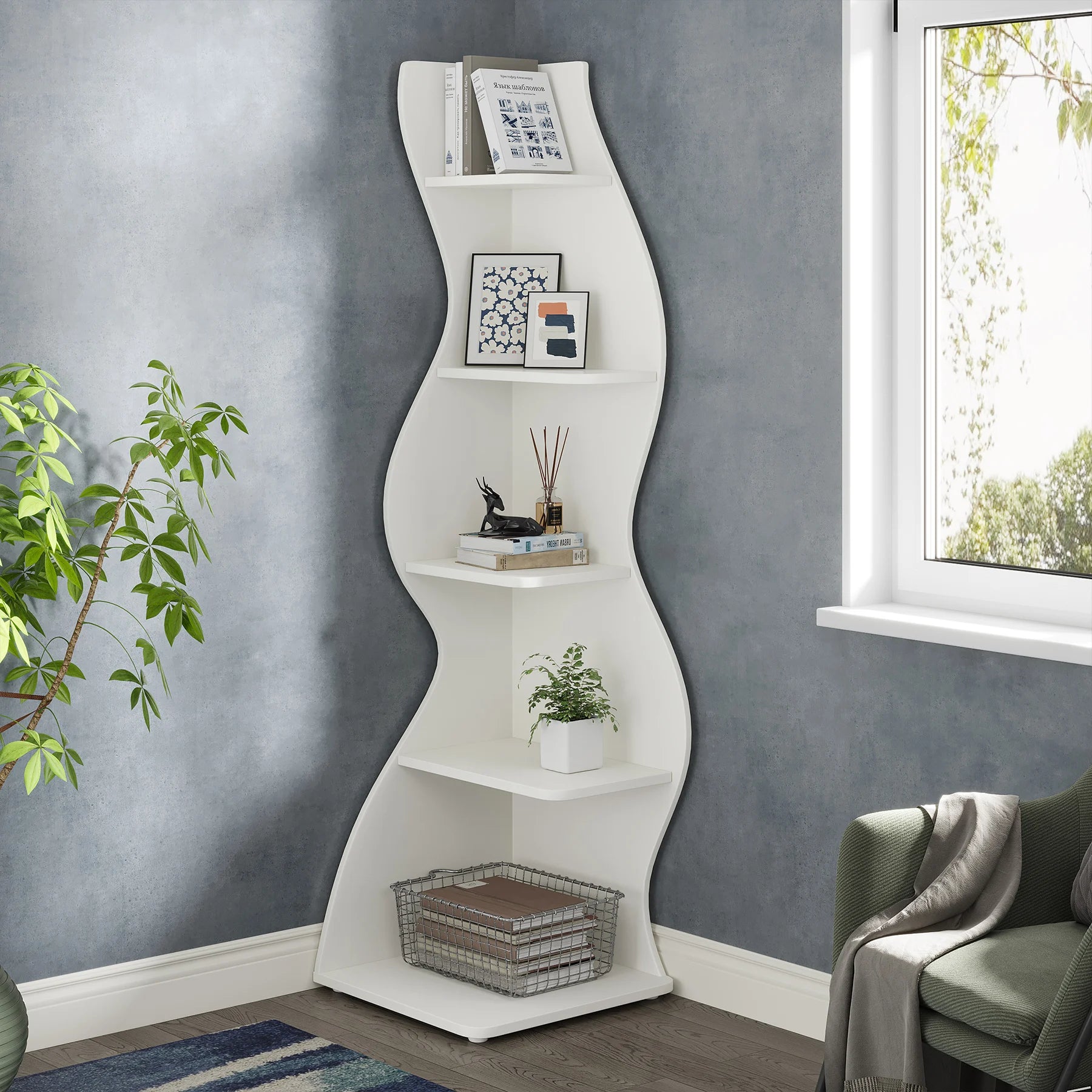 White Wave 5-Tier Corner Bookshelf with Curved Silhouette for Living Room — 65"H Floor Shelf