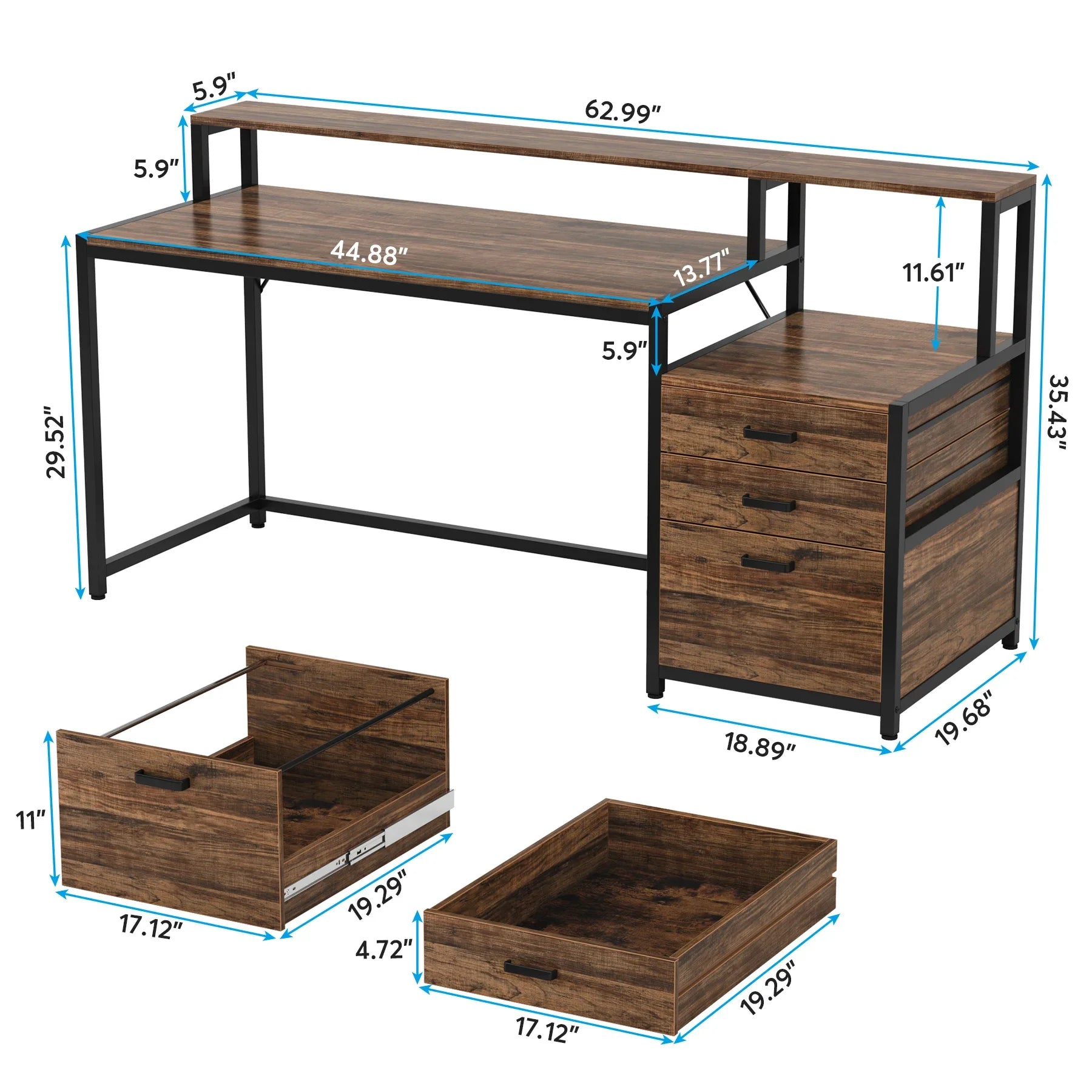 Industrial Computer Desk with File Drawer Cabinet and Monitor Stand for Home Office — 63"