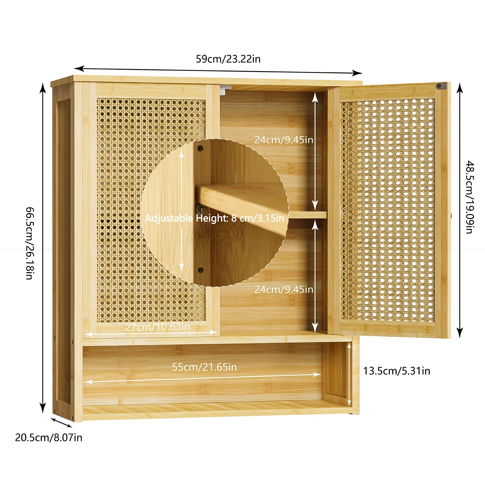 Natural Rattan Wall-Mounted Bathroom Cabinet with Cane Doors and Open Shelf for Bath — 23"H