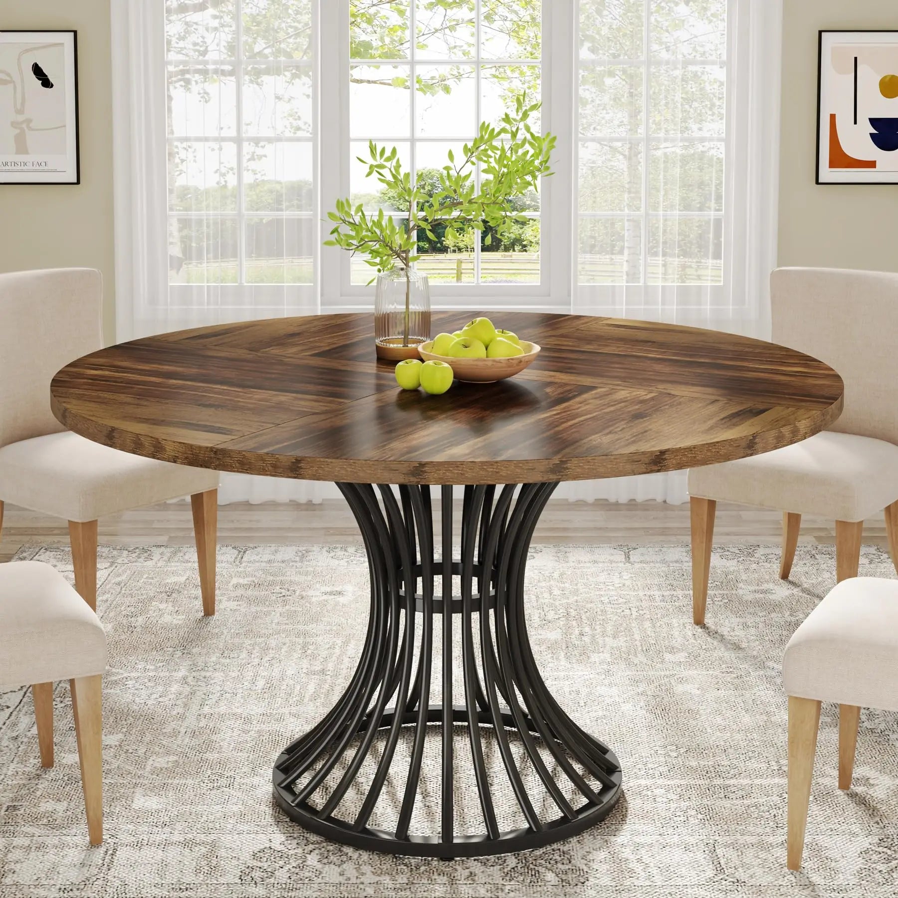 Walnut Round Dining Table with Sculptural Metal Pedestal for 4-6 — 47in