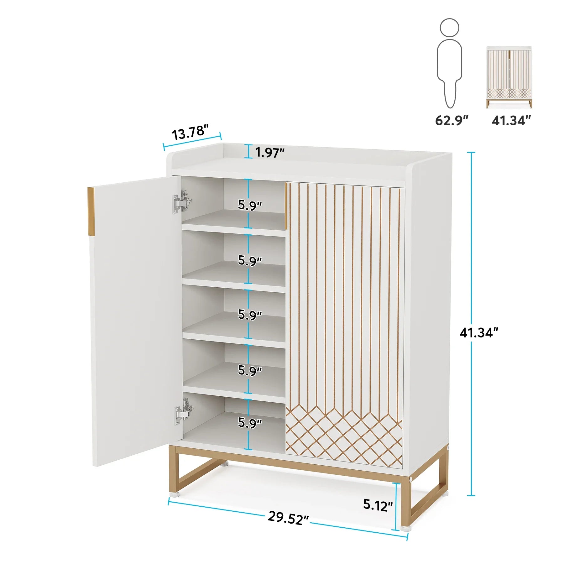 White Gold-Accent Shoe Cabinet with Doors for Entryway — 5-Tier Storage