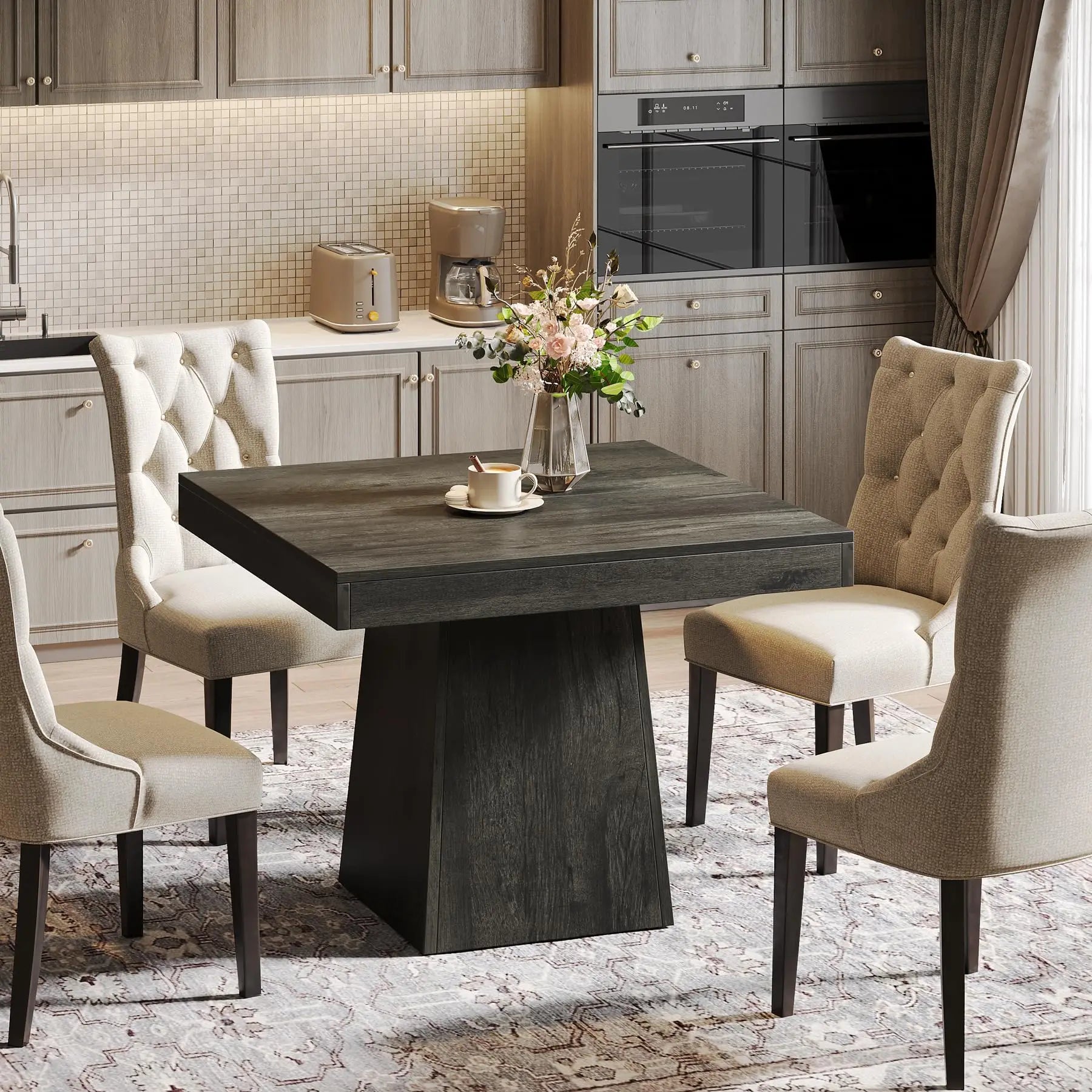 Farmhouse Square Dining Table with Pedestal Base for 4 — 31.5" Charcoal Wood