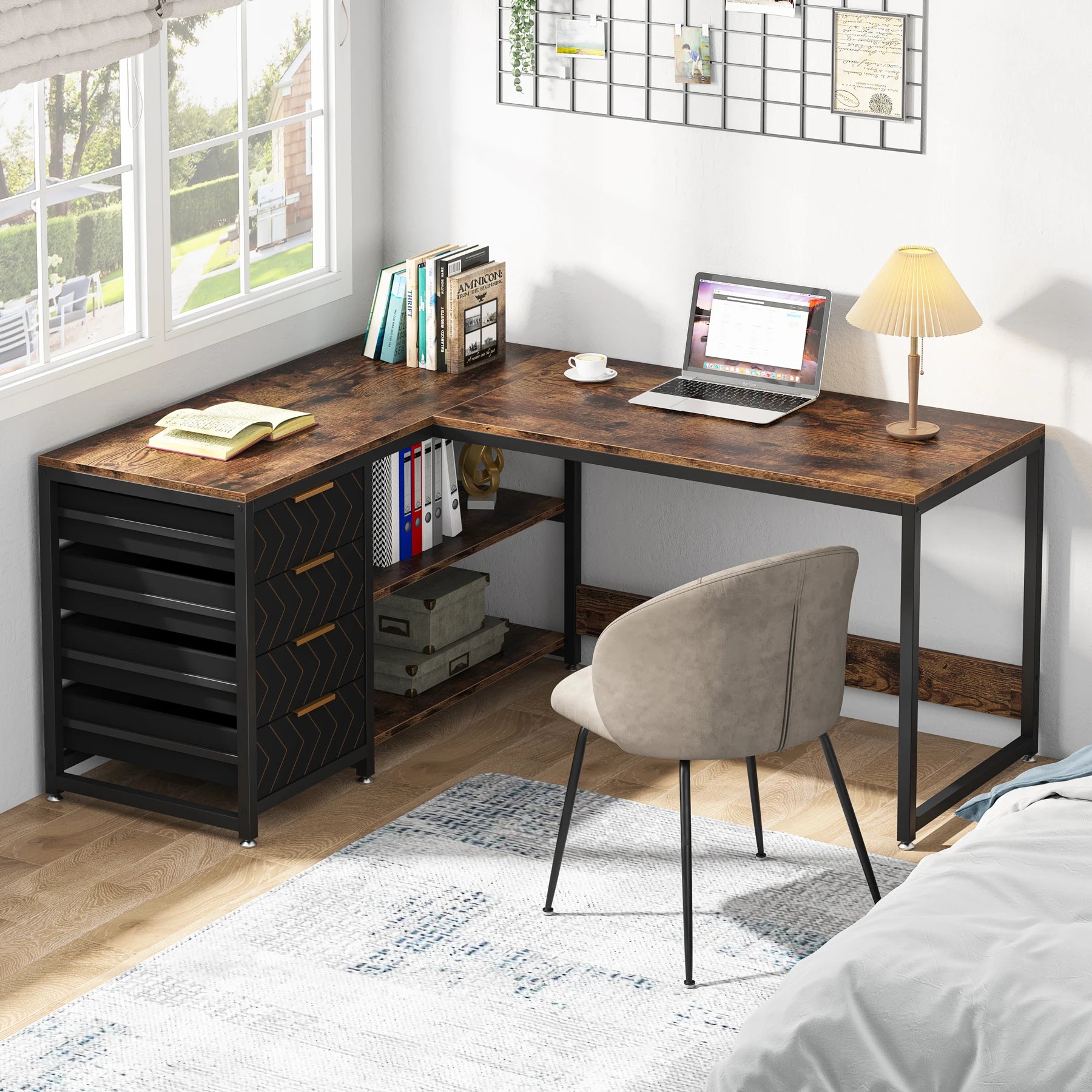 Rustic Wood L-Shaped Desk with Storage Drawers and Shelves for Home Office — 59in Reversible Corner Desk