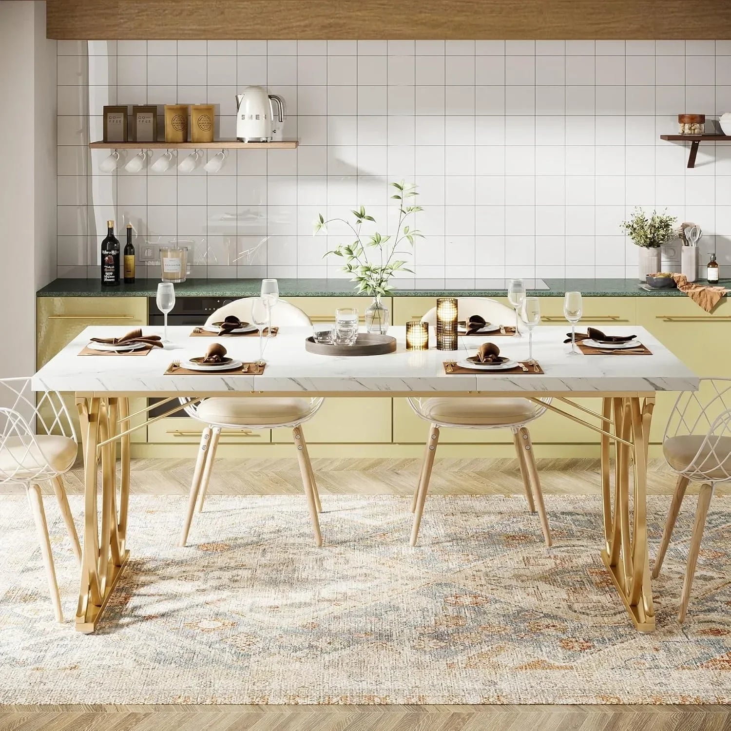 Faux Marble Dining Table with Gold Base for 4-6 People — 63"